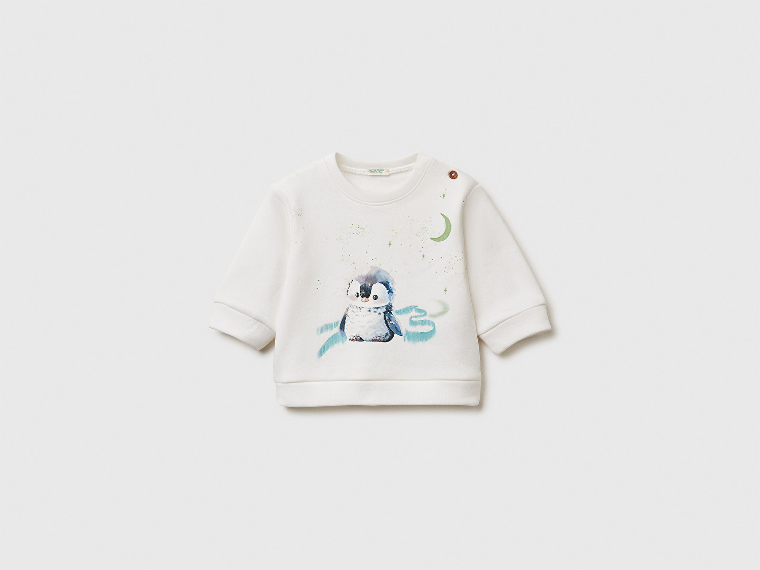 Benetton Bebek Ekru Önü Baskılı Omzu Düğmeli Bisiklet Yaka Sweatshirt