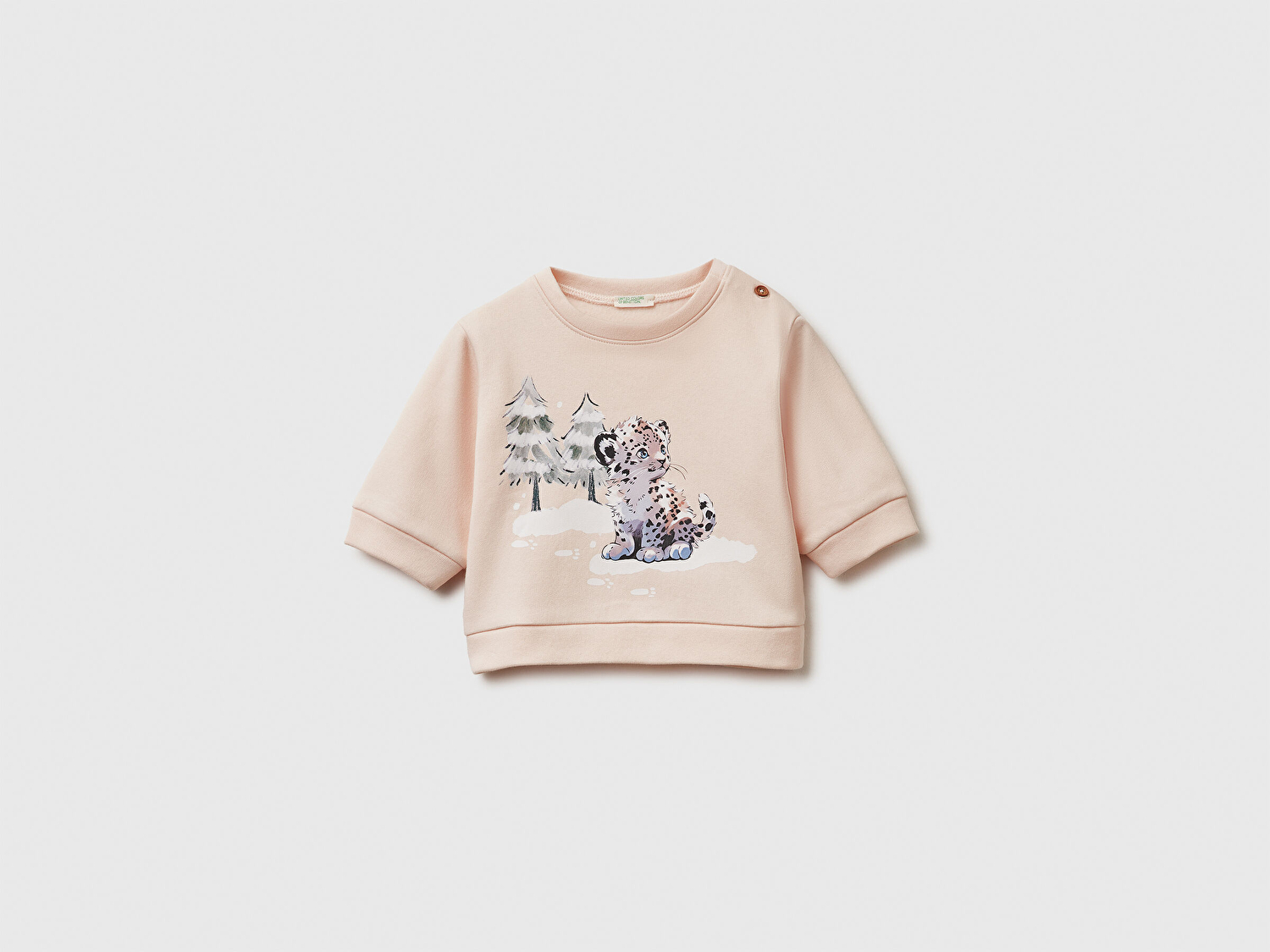 Benetton Bebek Toz Pembe Önü Baskılı Omzu Düğmeli Bisiklet Yaka Sweatshirt