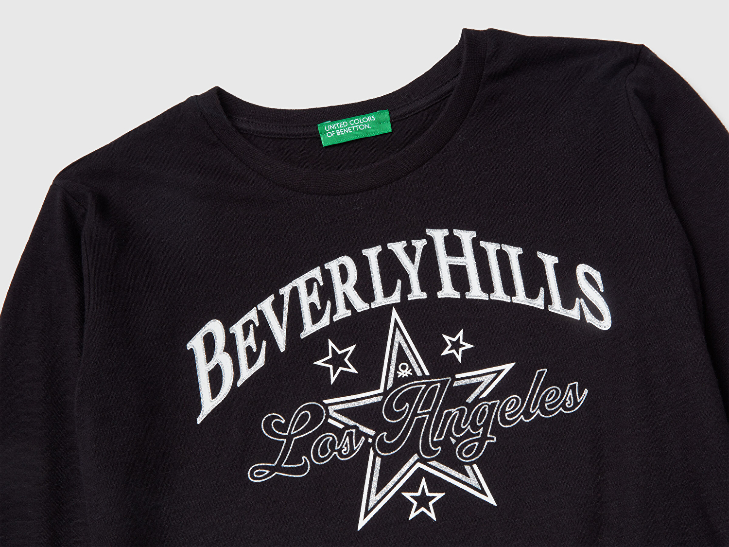 Benetton Kız Çocuk Siyah Önü Simli Baskılı Jarse Uzun Kollu T-shirt