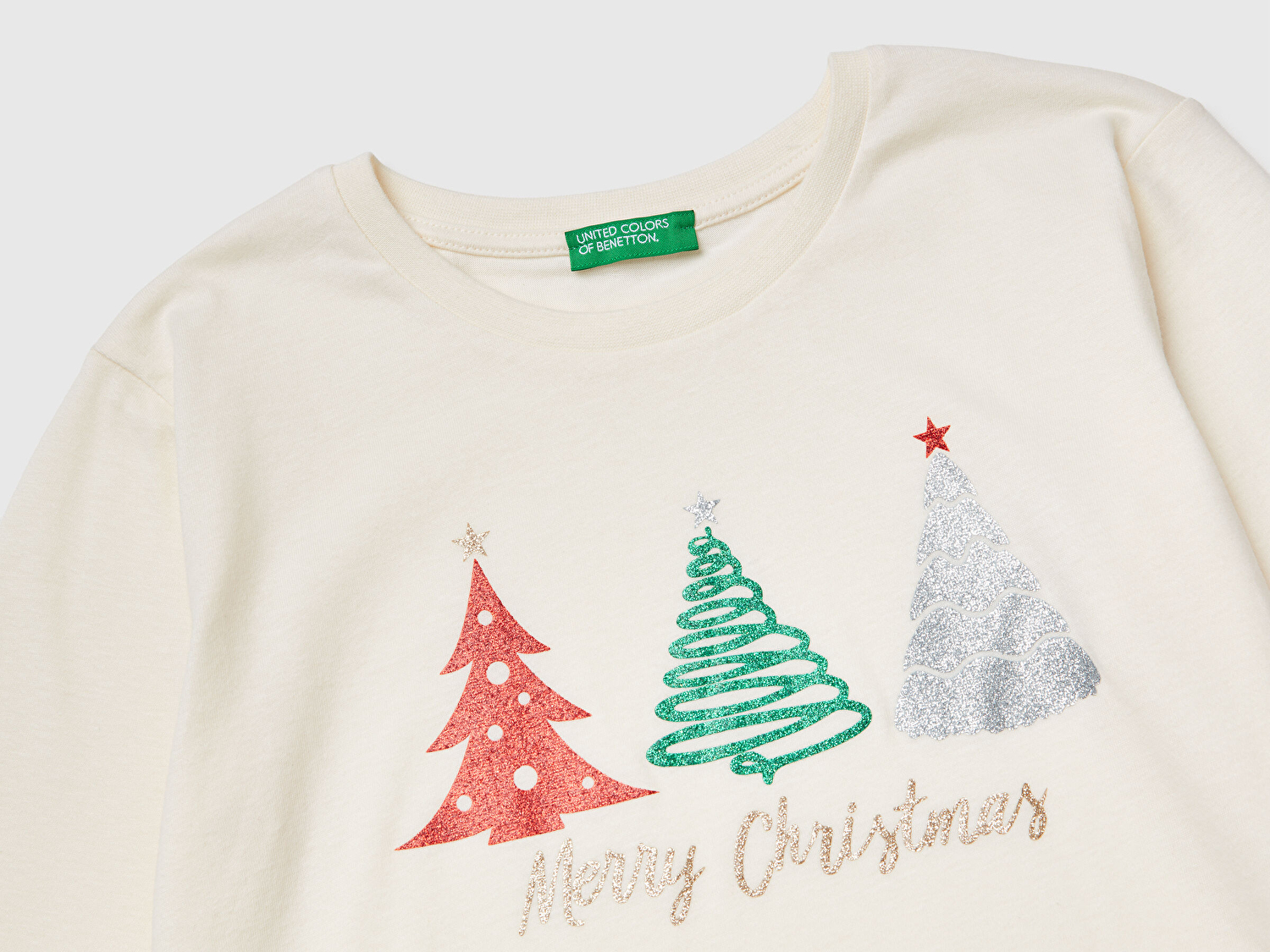 Benetton Kız Çocuk Ekru Önü Simli Baskılı Jarse Uzun Kollu T-shirt