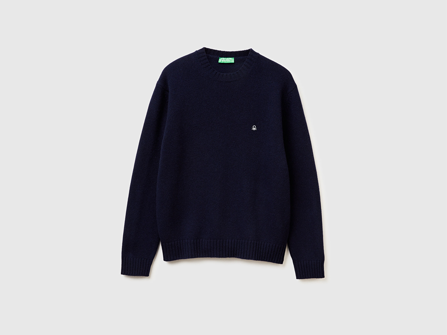 Benetton Erkek Lacivert Yün Karışımlı Önü Logo İşlemeli Bisiklet Yaka Kazak