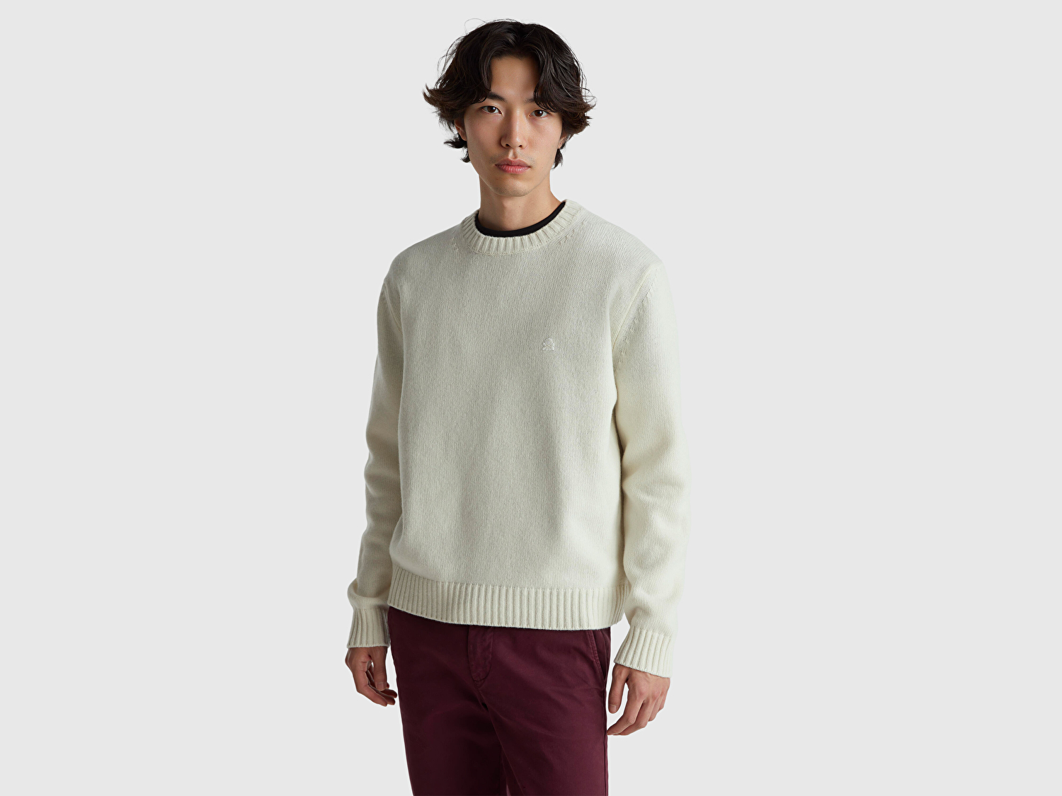 Benetton Erkek Krem Yün Karışımlı Önü Logo İşlemeli Bisiklet Yaka Kazak