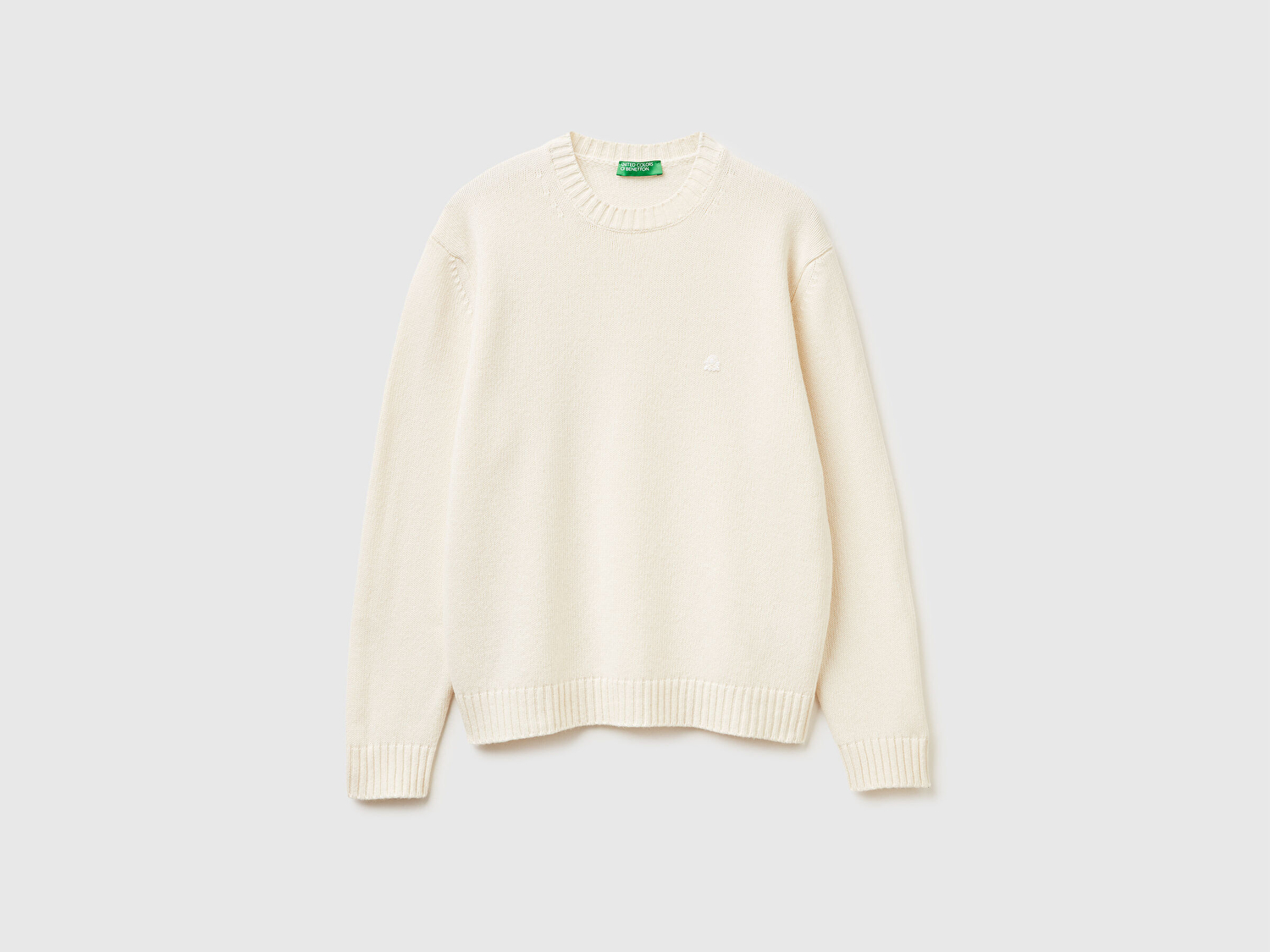 Benetton Erkek Krem Yün Karışımlı Önü Logo İşlemeli Bisiklet Yaka Kazak