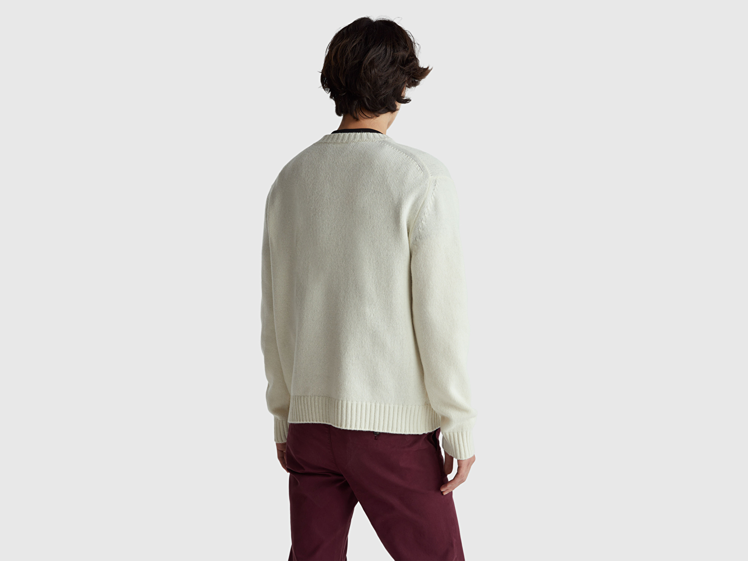 Benetton Erkek Krem Yün Karışımlı Önü Logo İşlemeli Bisiklet Yaka Kazak