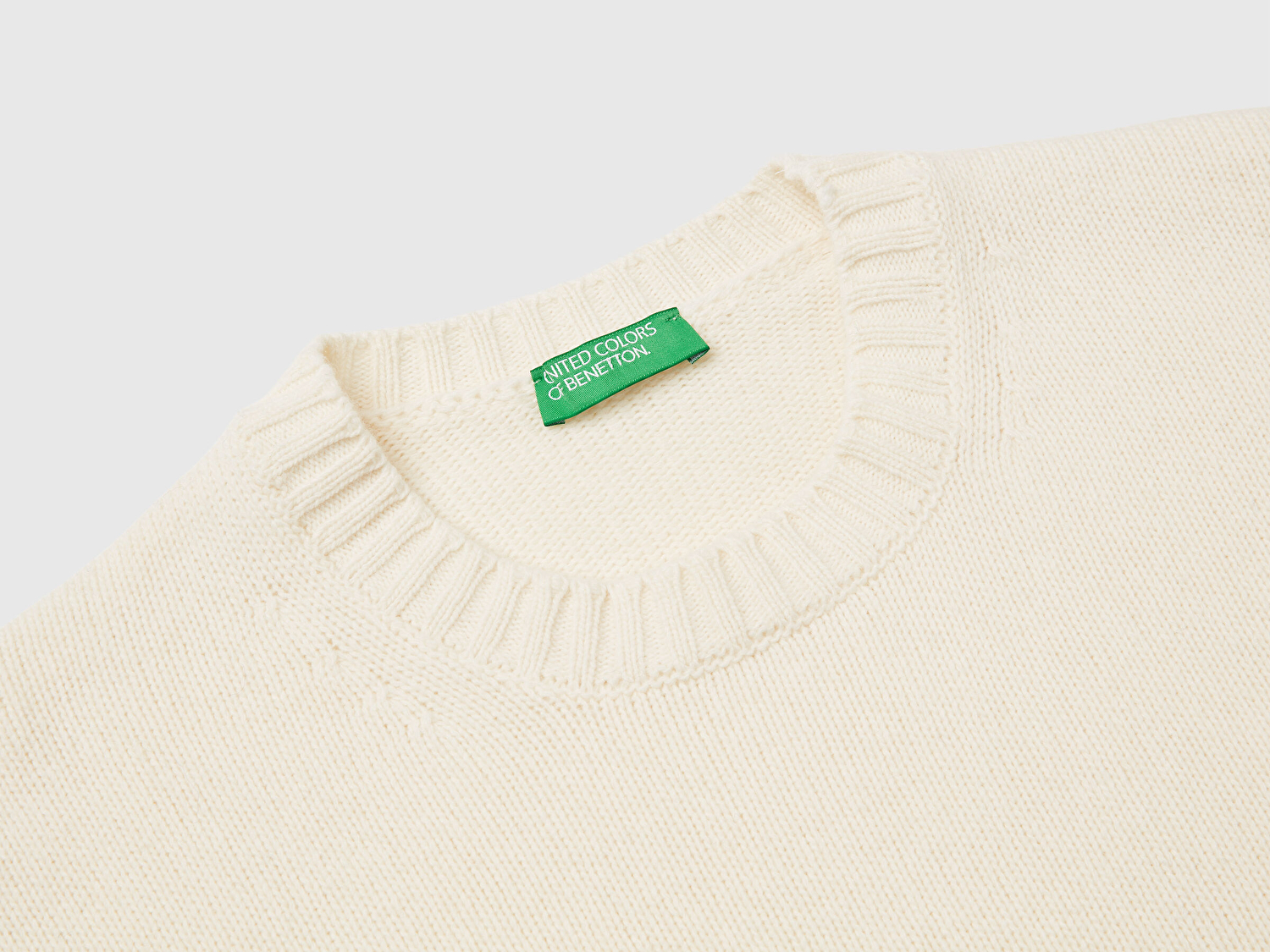 Benetton Erkek Krem Yün Karışımlı Önü Logo İşlemeli Bisiklet Yaka Kazak