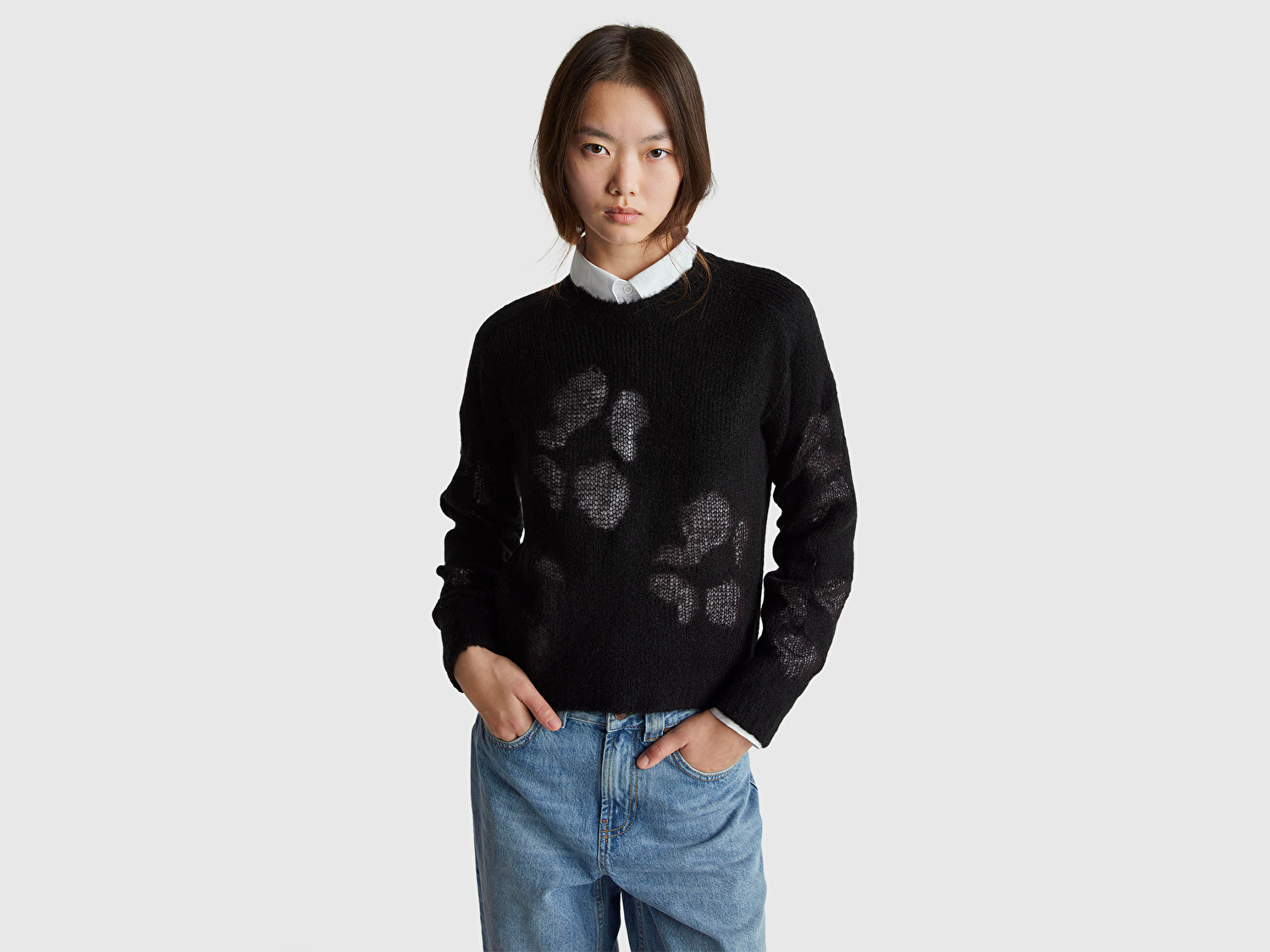 Benetton Kadın Siyah Akrilik ve Yün Karışımlı Desenli Bisiklet Yaka Kazak