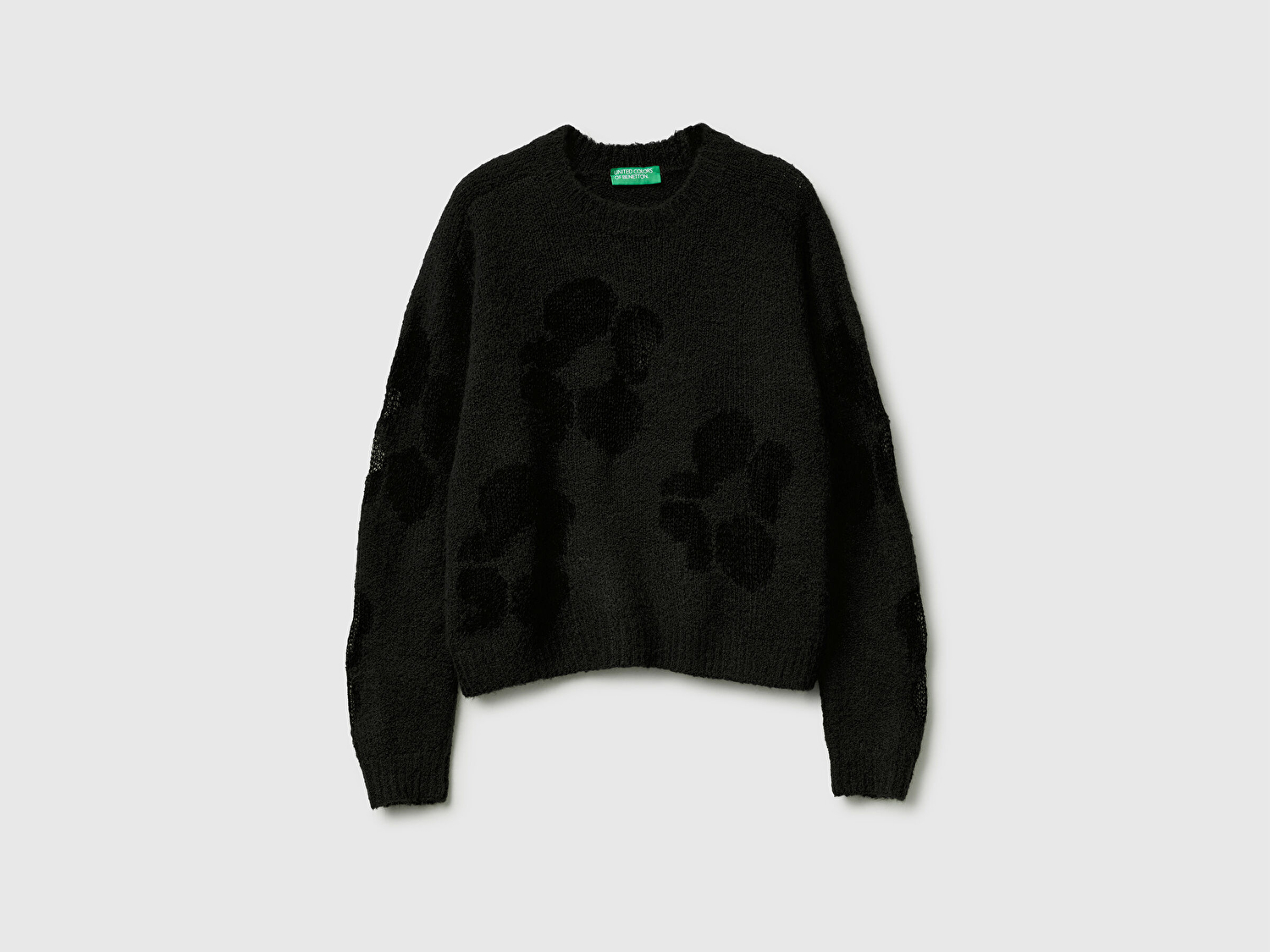 Benetton Kadın Siyah Akrilik ve Yün Karışımlı Desenli Bisiklet Yaka Kazak