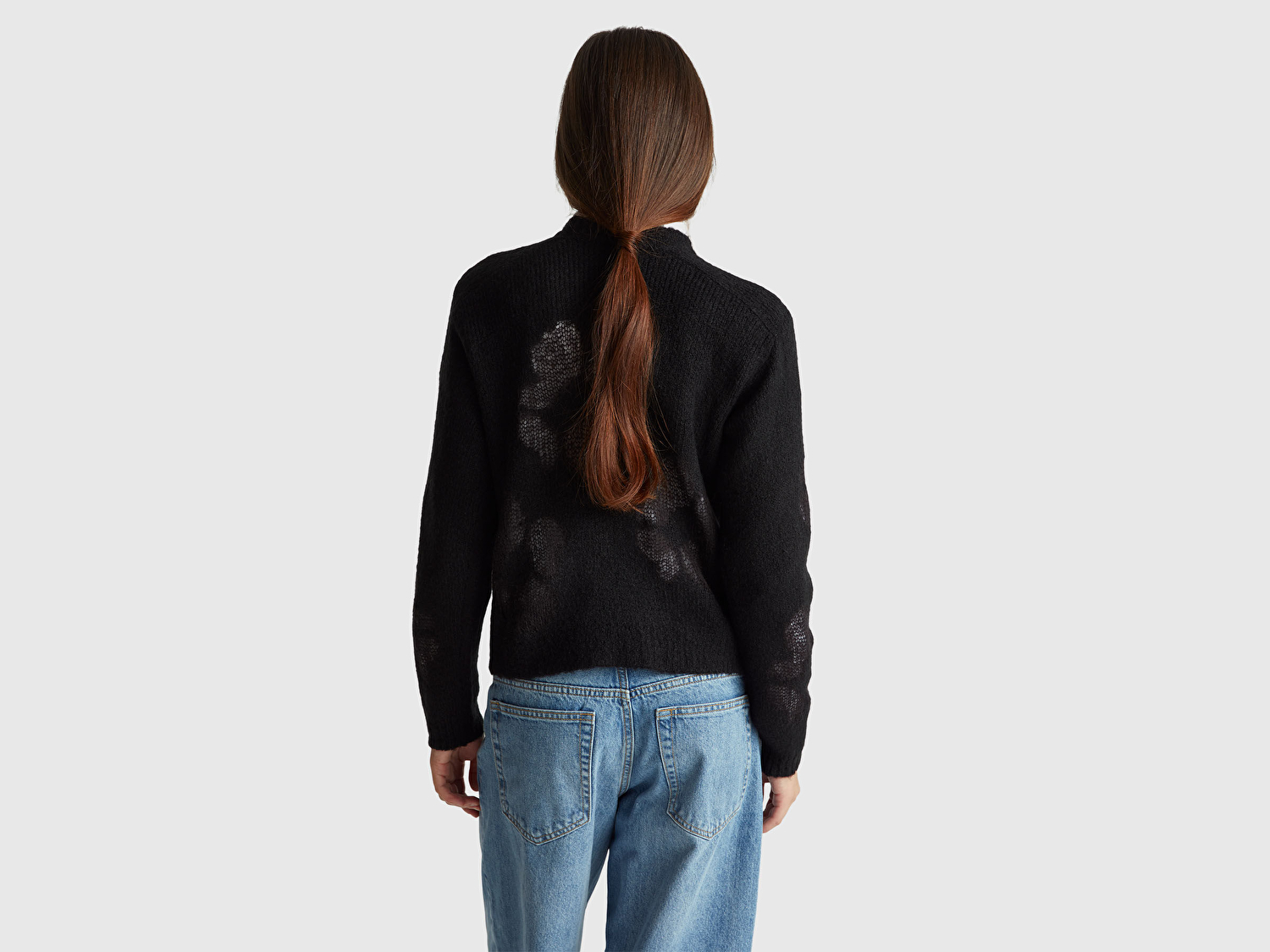 Benetton Kadın Siyah Akrilik ve Yün Karışımlı Desenli Bisiklet Yaka Kazak