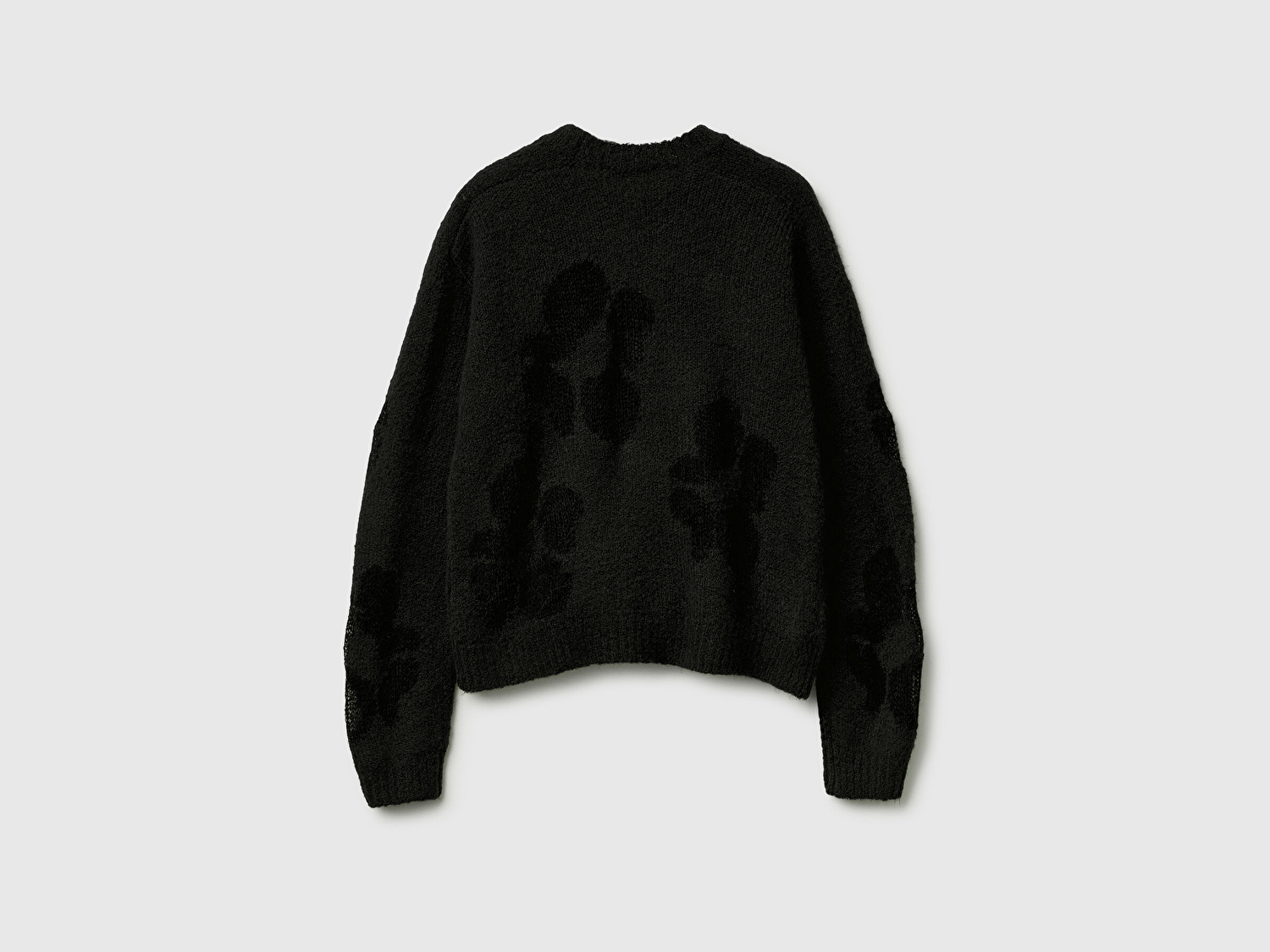 Benetton Kadın Siyah Akrilik ve Yün Karışımlı Desenli Bisiklet Yaka Kazak