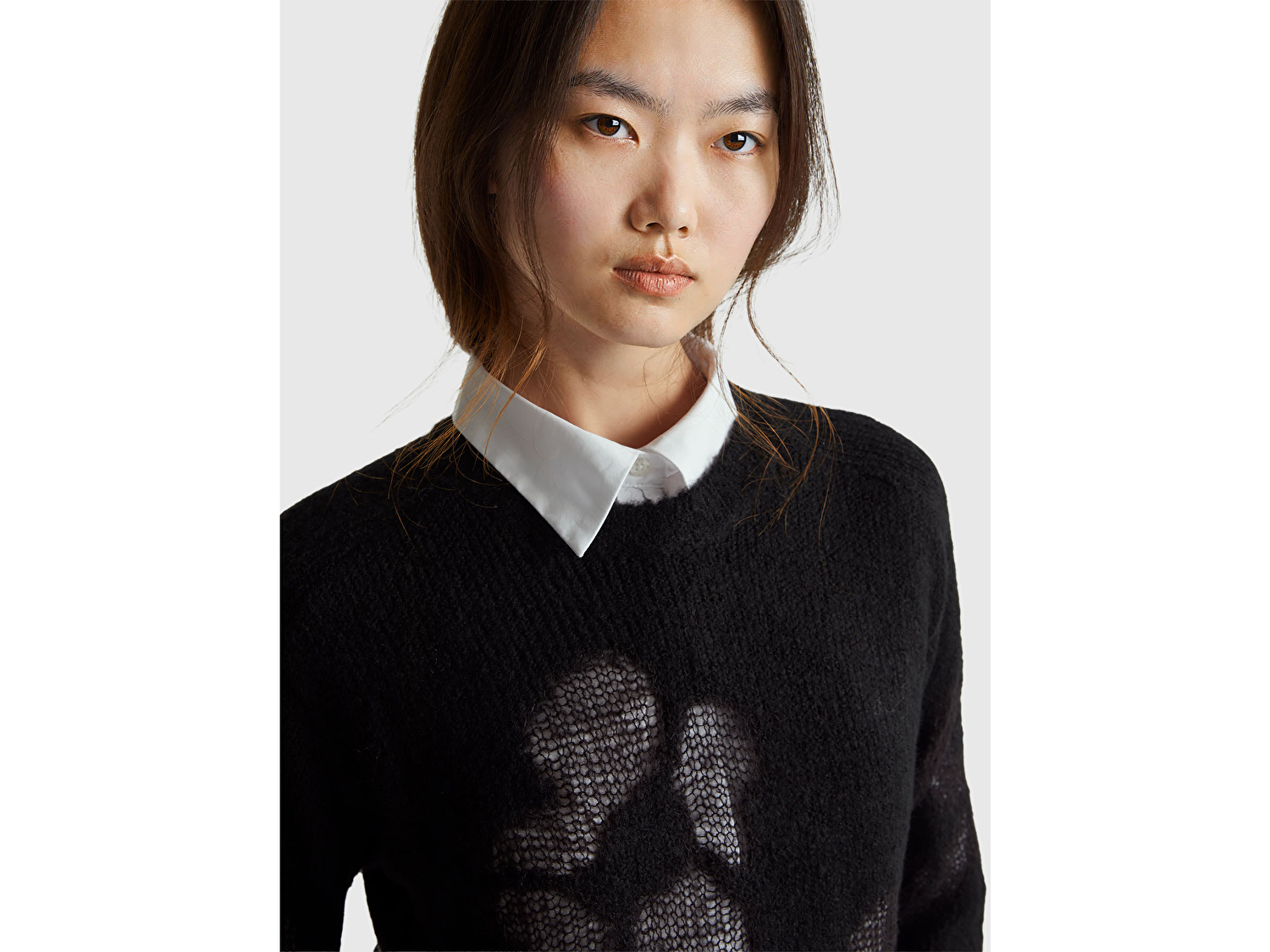 Benetton Kadın Siyah Akrilik ve Yün Karışımlı Desenli Bisiklet Yaka Kazak