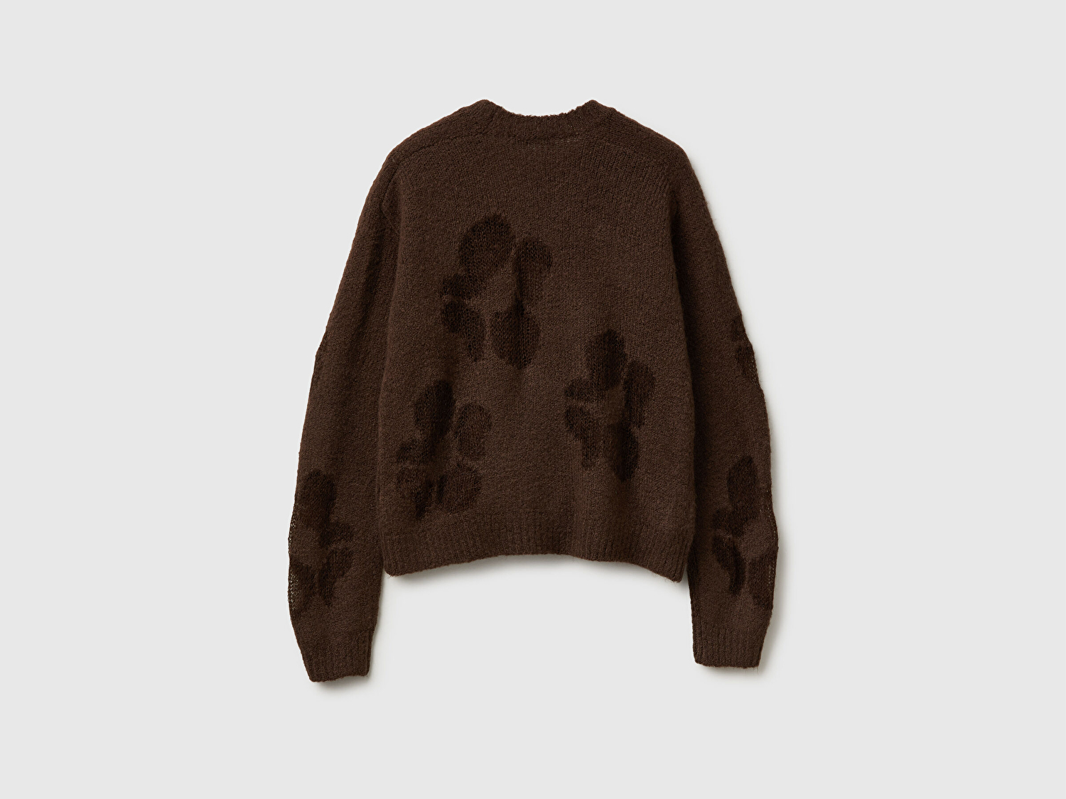 Benetton Kadın Koyu Kahverengi Akrilik ve Yün Karışımlı Desenli Bisiklet Yaka Kazak