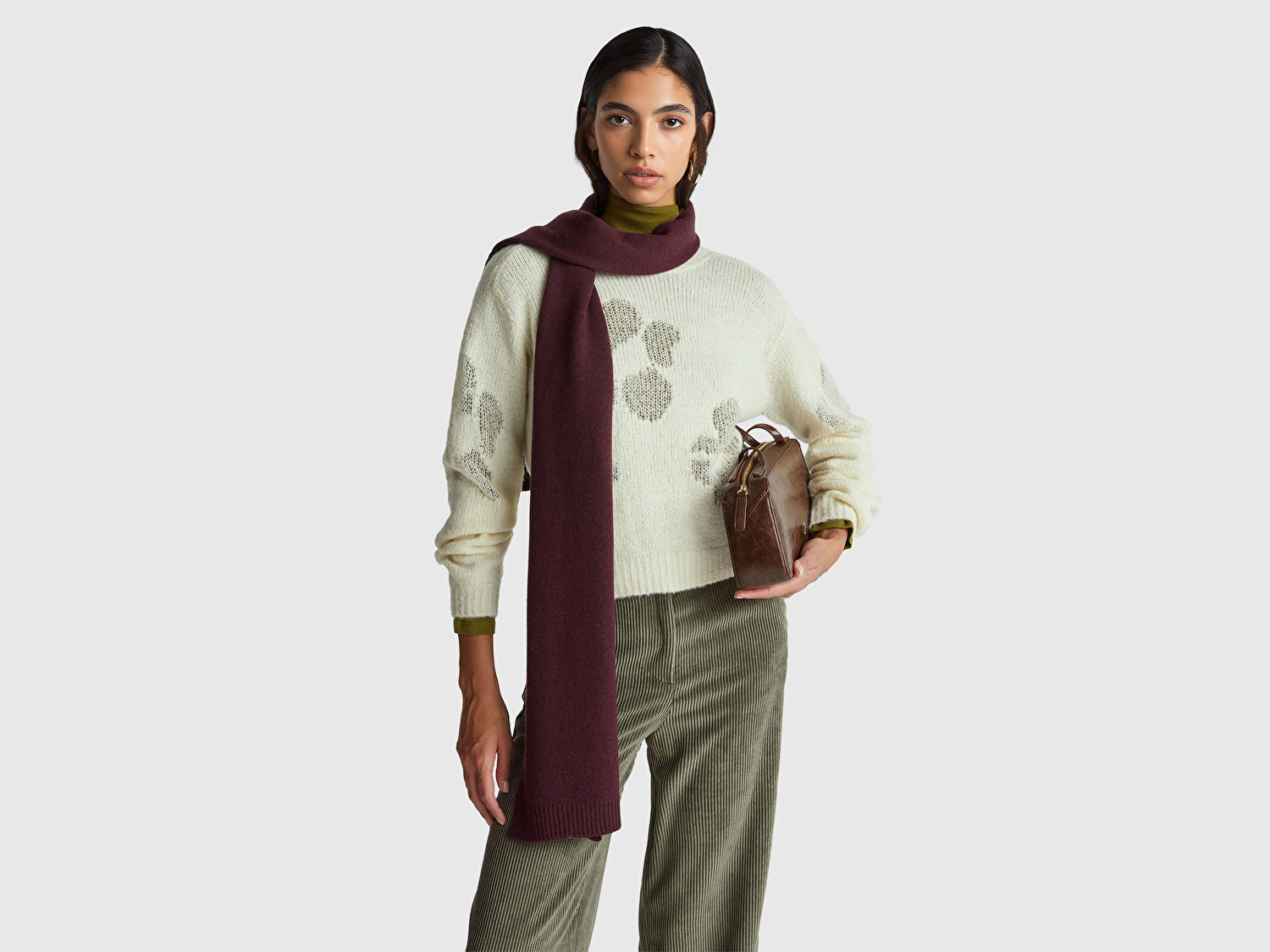 Benetton Kadın Krem Akrilik ve Yün Karışımlı Desenli Bisiklet Yaka Kazak