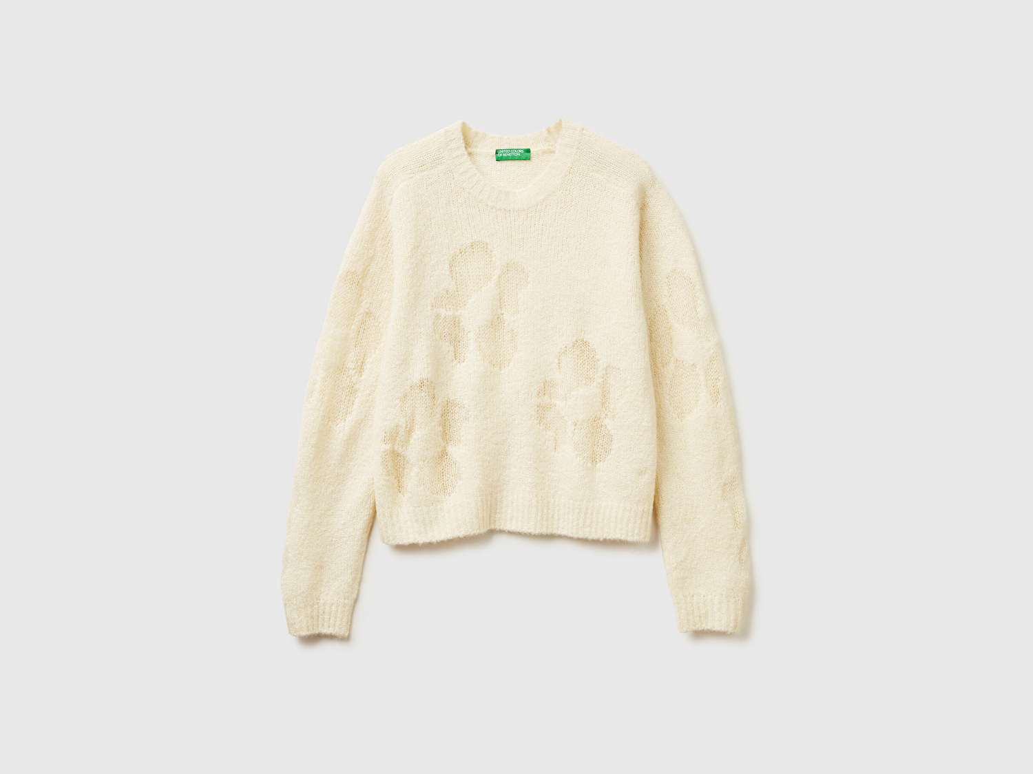 Benetton Kadın Krem Akrilik ve Yün Karışımlı Desenli Bisiklet Yaka Kazak