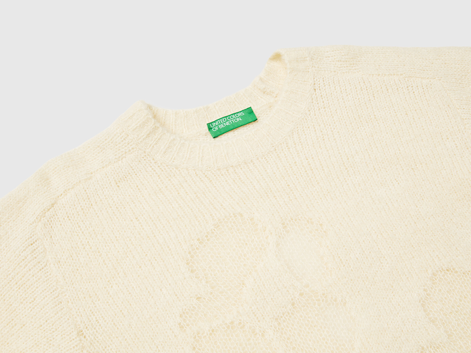 Benetton Kadın Krem Akrilik ve Yün Karışımlı Desenli Bisiklet Yaka Kazak