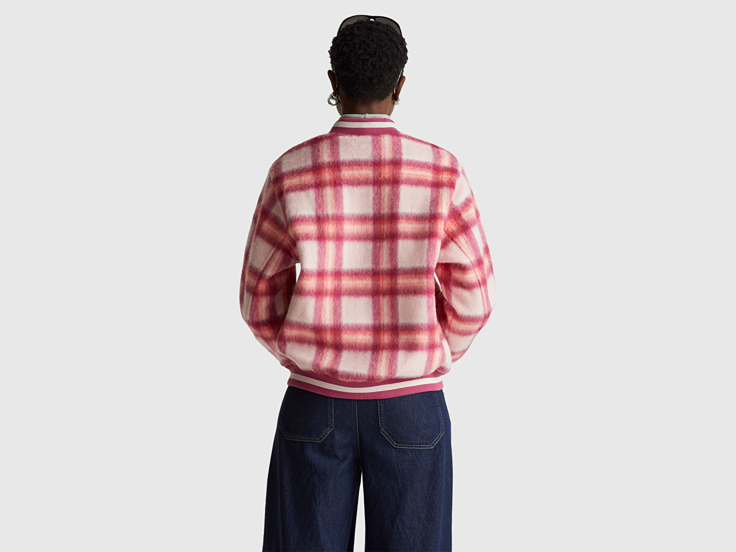 Benetton Kadın Kırmızı Ekoseli Yün ve Viskoz Karışımlı Desenli Fermuarlı Ceket