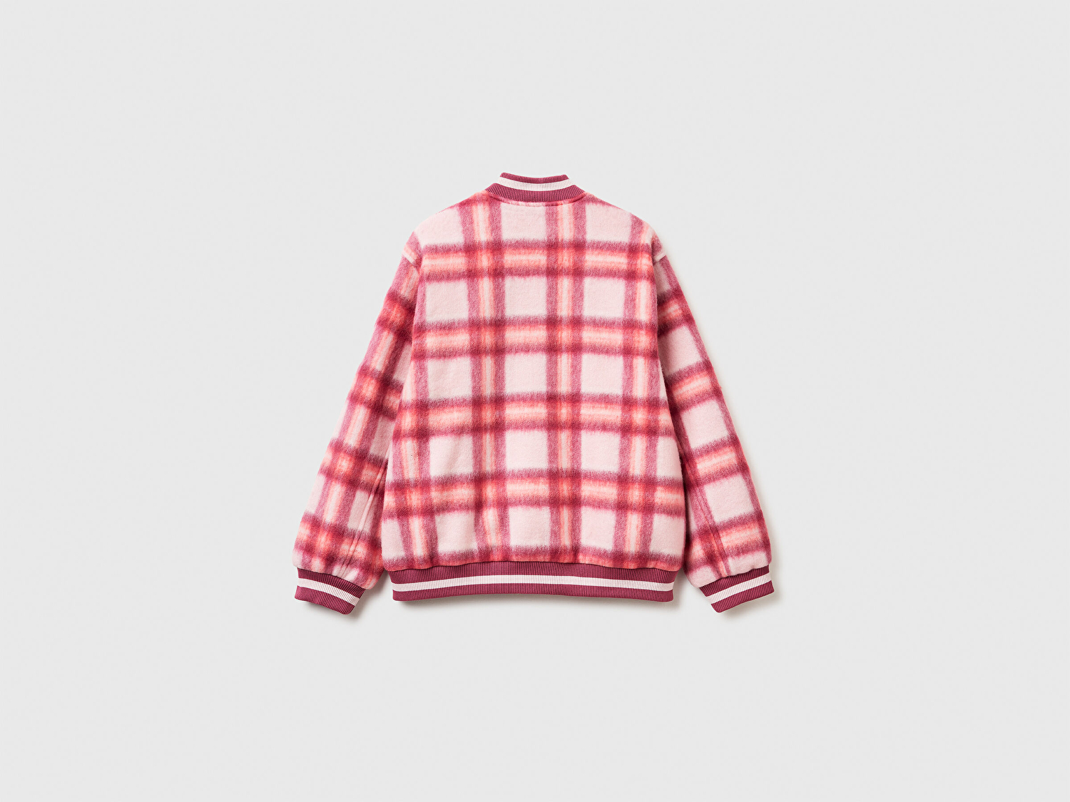 Benetton Kadın Kırmızı Ekoseli Yün ve Viskoz Karışımlı Desenli Fermuarlı Ceket