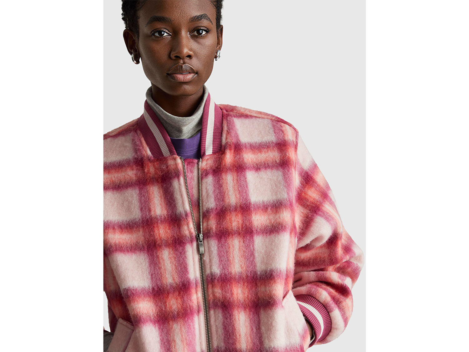 Benetton Kadın Kırmızı Ekoseli Yün ve Viskoz Karışımlı Desenli Fermuarlı Ceket