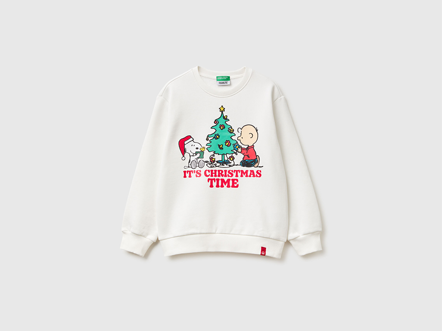 Benetton Erkek Çocuk Ekru Peanuts XMAS Baskılı Logo Etiketli Kabartmalı Ribanalı Sweatshirt
