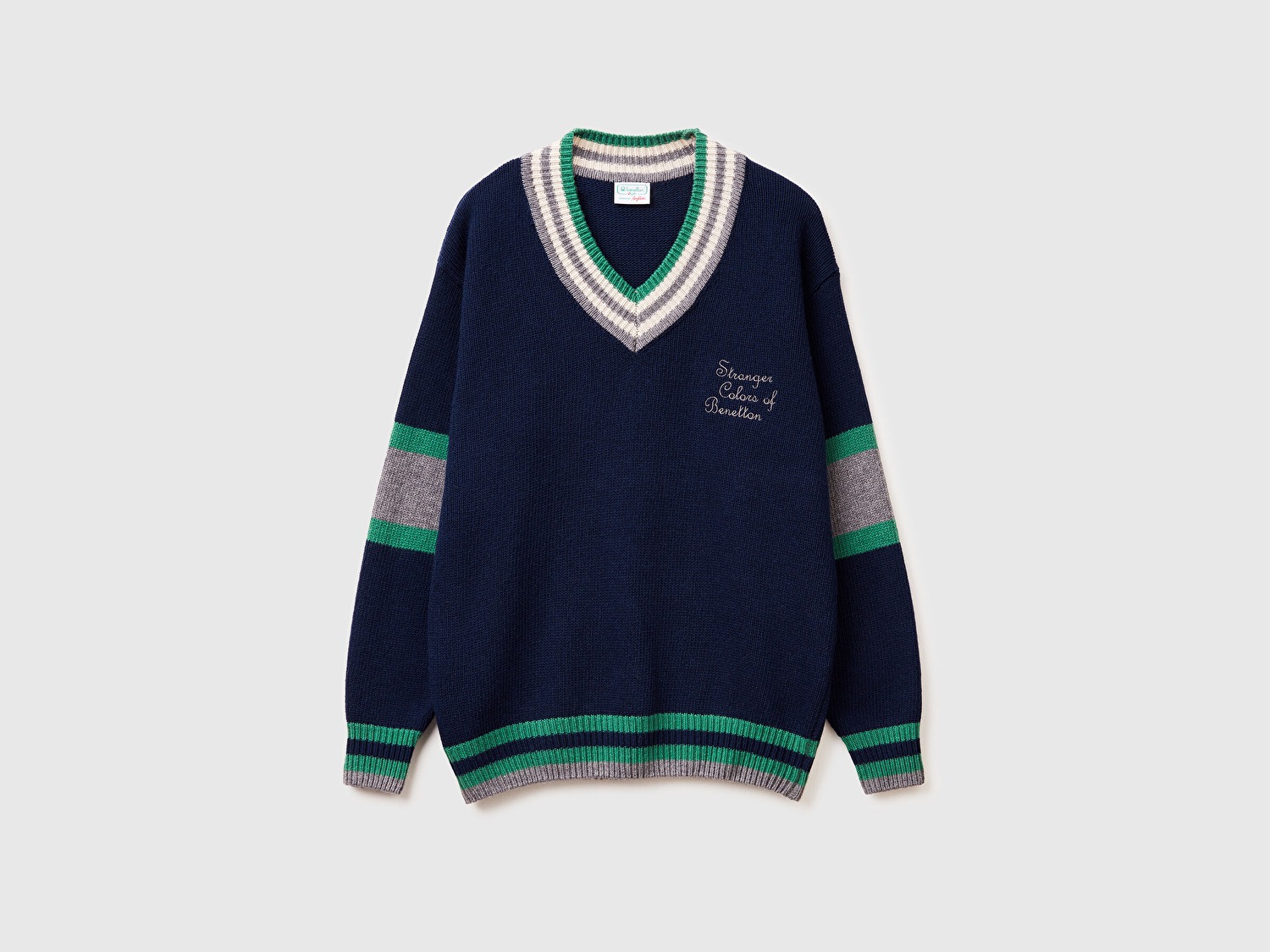 Benetton Erkek Lacivert  Yün Karışımlı V Yaka Stranger Things Kazak