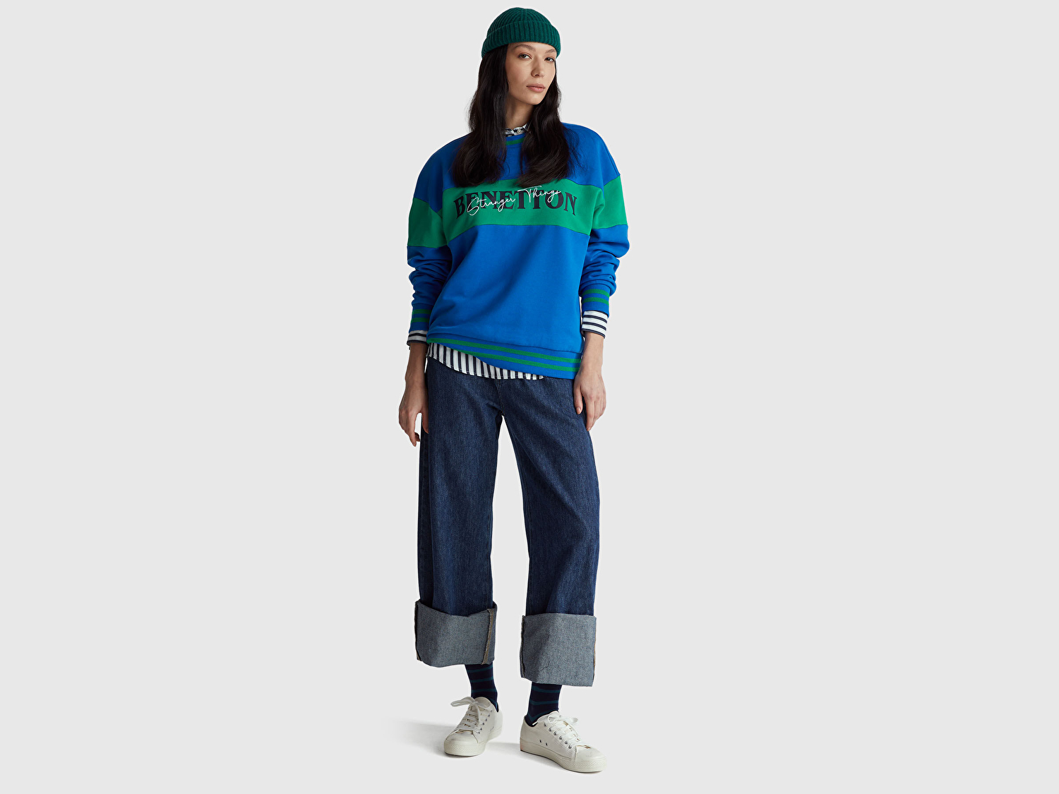 Benetton Unisex Mavi Stranger Things Renk Bloklu Sweatshirt