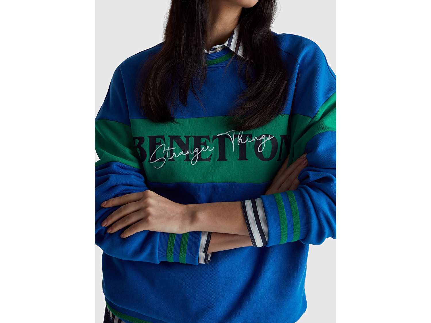Benetton Unisex Mavi Stranger Things Renk Bloklu Sweatshirt