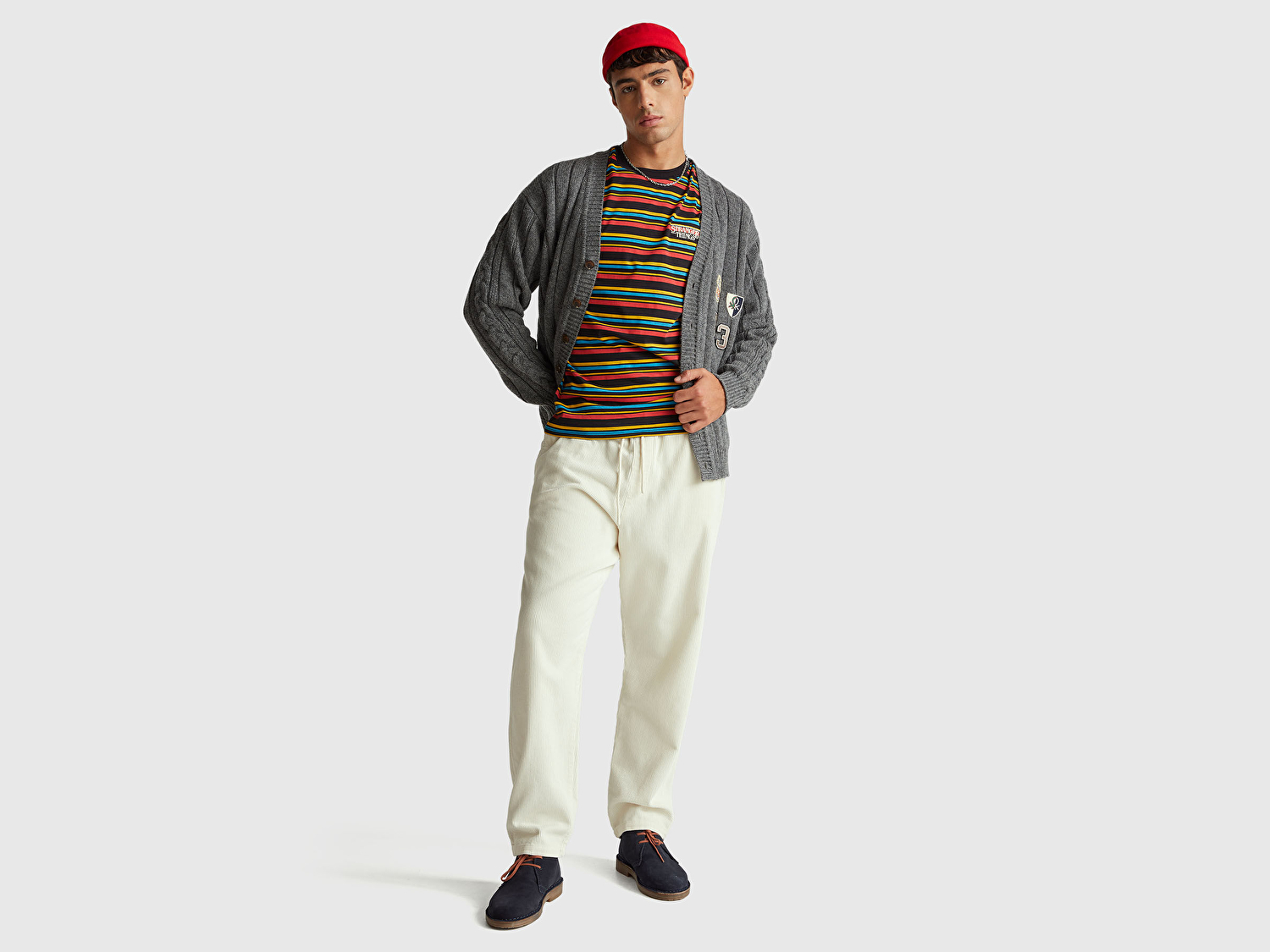 Benetton Unisex Lacivert Mix  %100 Pamuk Relaxed Fit Çizgili Stranger Things T-shirt