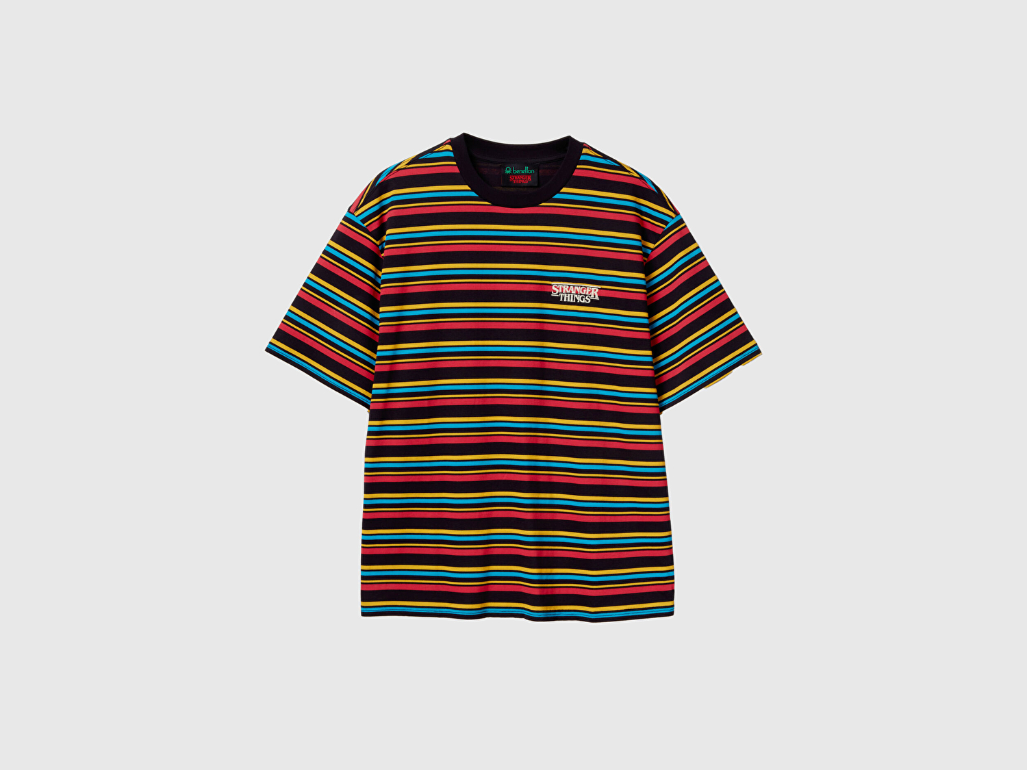 Benetton Unisex Lacivert Mix  %100 Pamuk Relaxed Fit Çizgili Stranger Things T-shirt