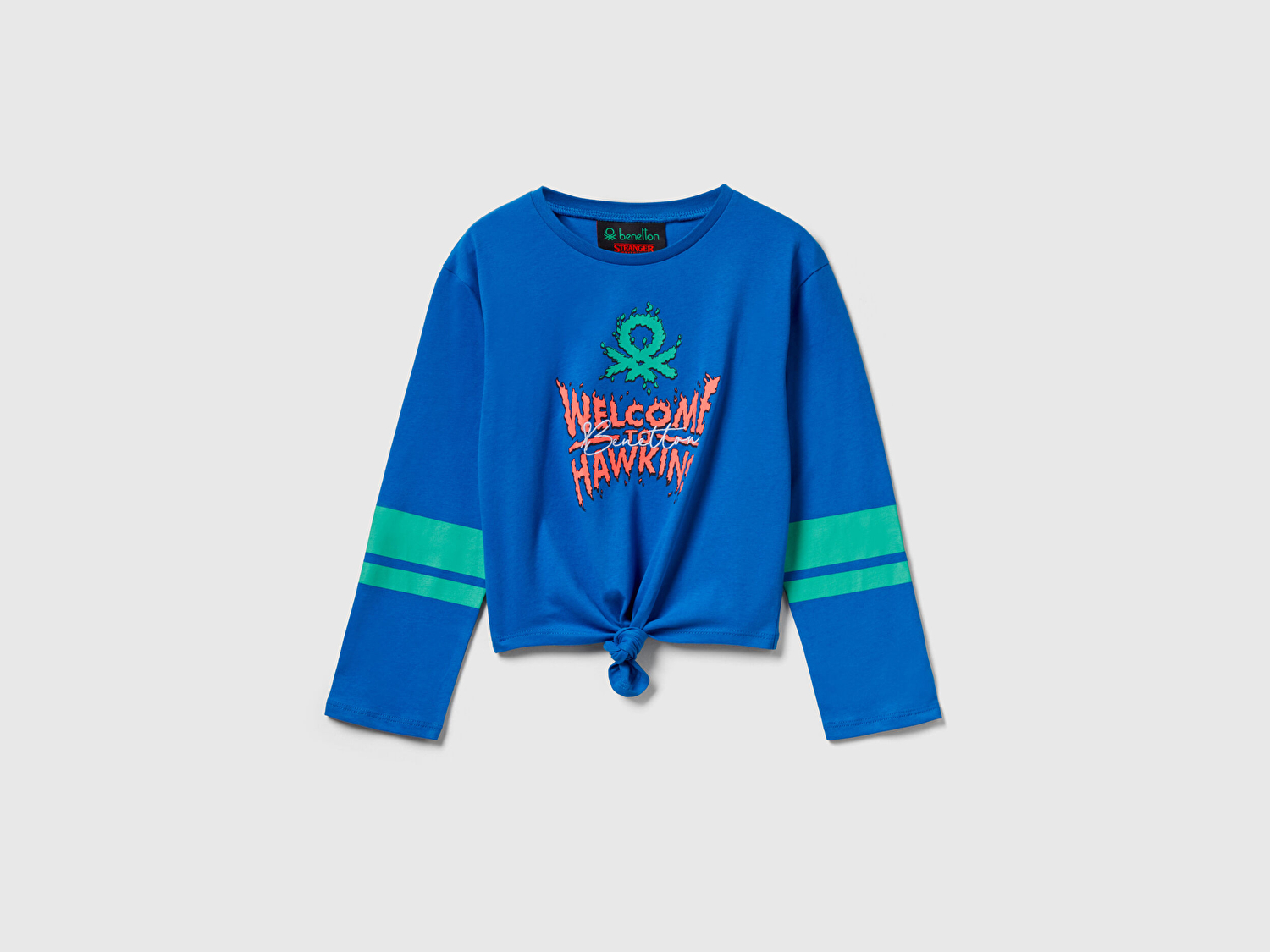 Benetton Kız Çocuk Mavi  %100 Pamuk Stranger Things Ön Düğüm Detaylı Kol Şerit Baskılı T-Shirt
