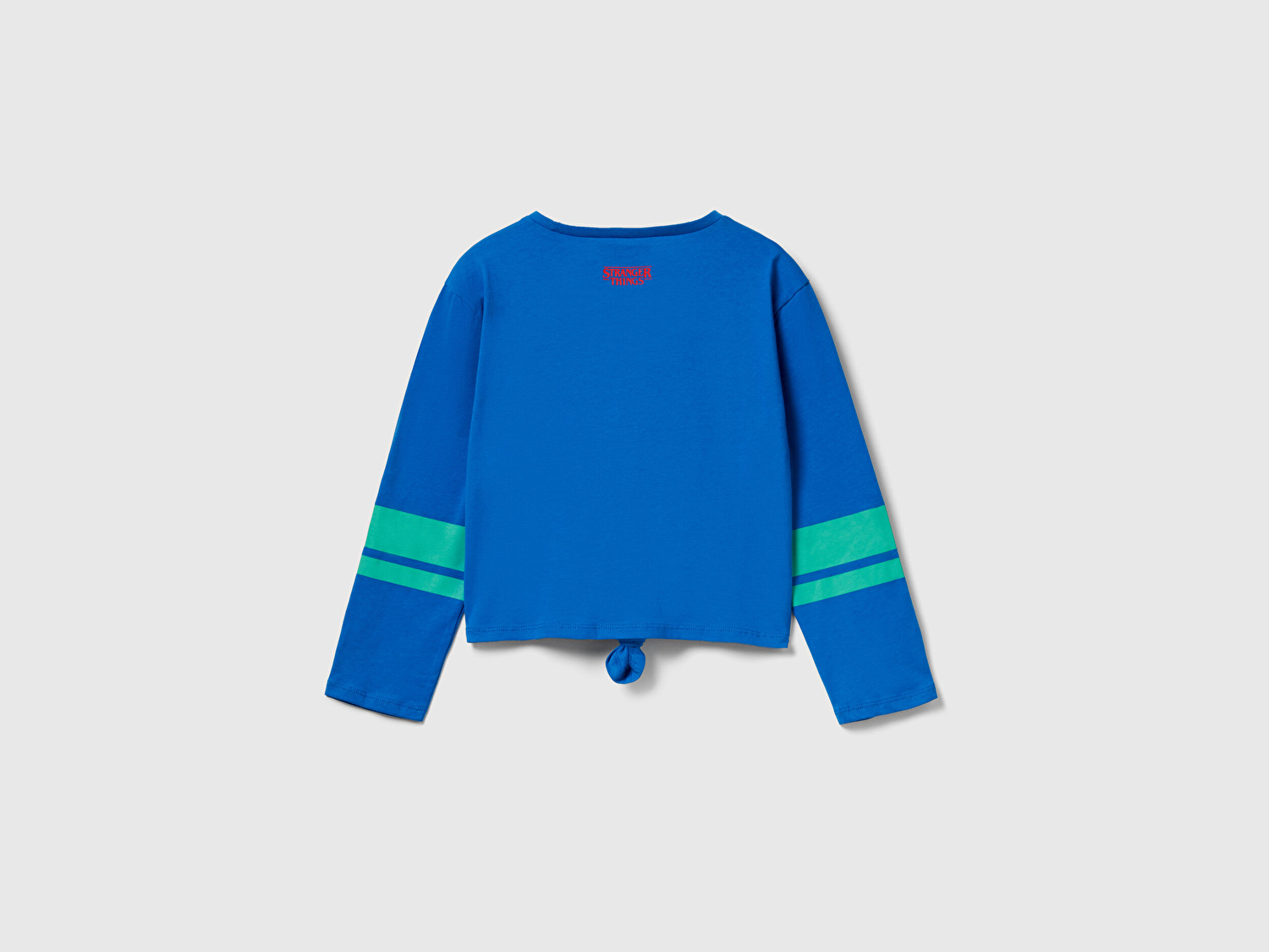 Benetton Kız Çocuk Mavi  %100 Pamuk Stranger Things Ön Düğüm Detaylı Kol Şerit Baskılı T-Shirt