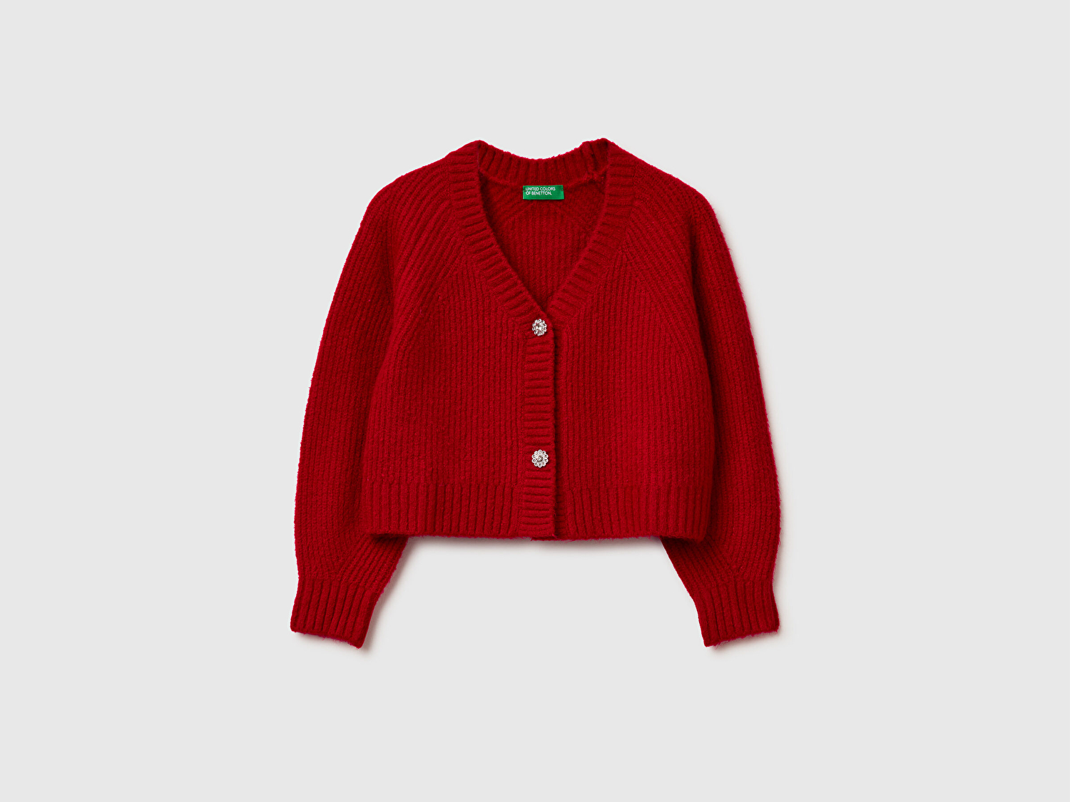Benetton Kız Çocuk Kırmızı Düğmeli V Yaka Örme Hırka