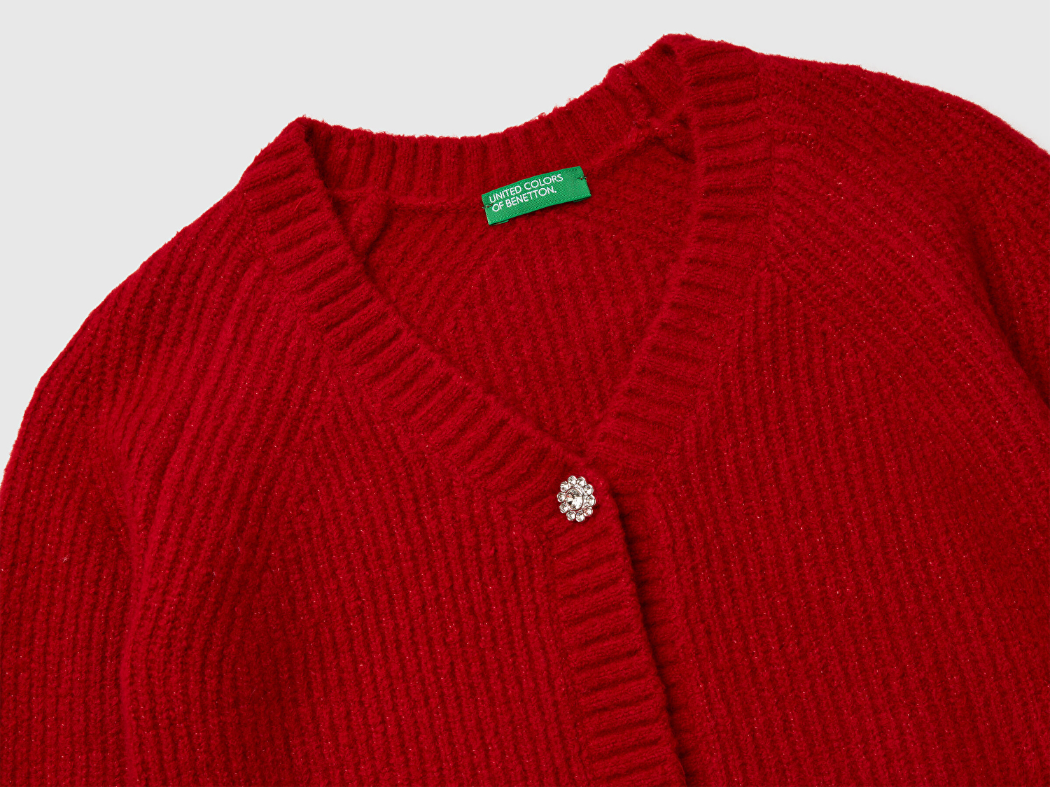 Benetton Kız Çocuk Kırmızı Düğmeli V Yaka Örme Hırka