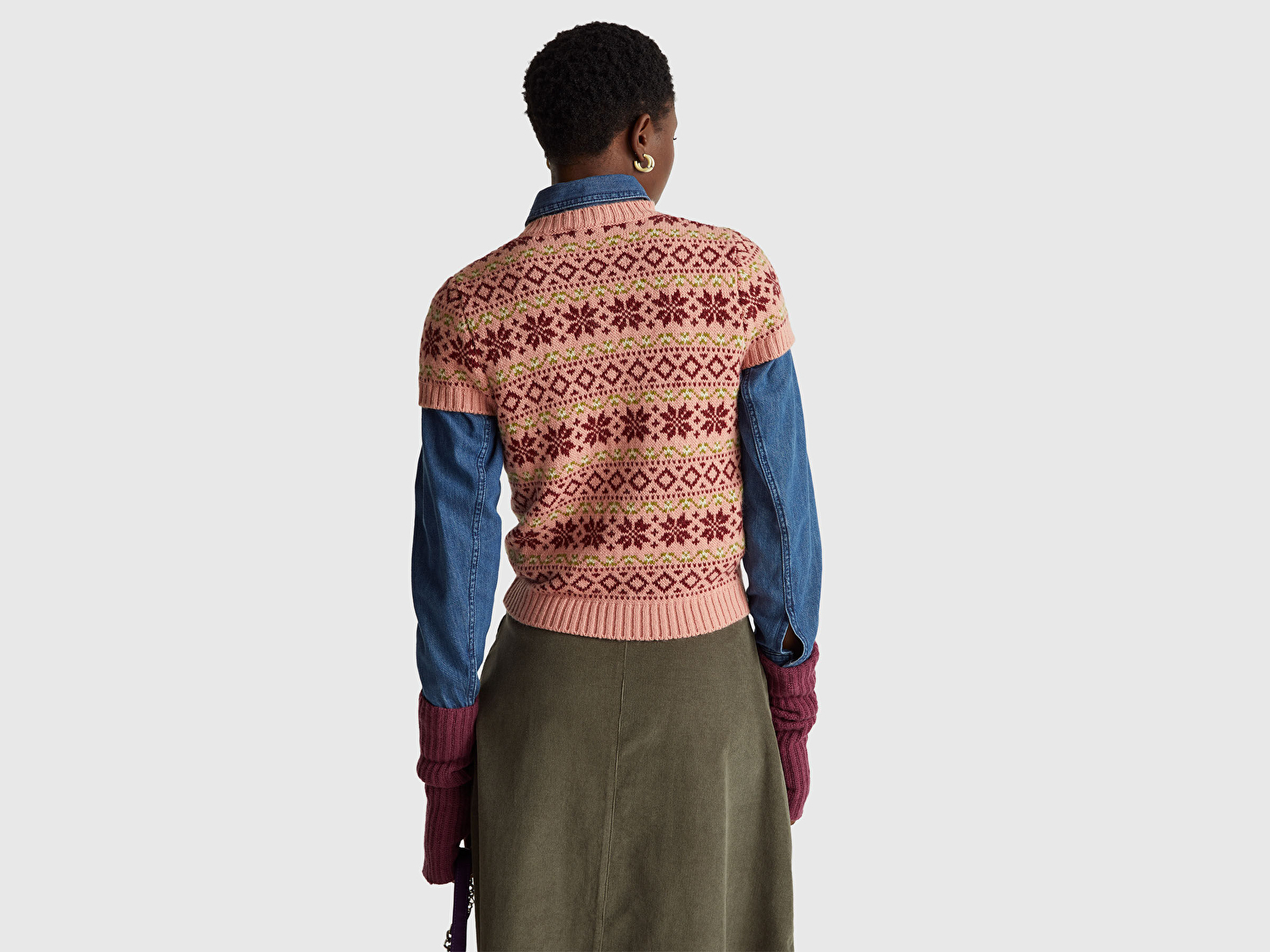 Benetton Kadın Gül Kurusu  Yün Alpaka Karışımlı Jakarlı Kısa Kollu Stranger Things Kazak