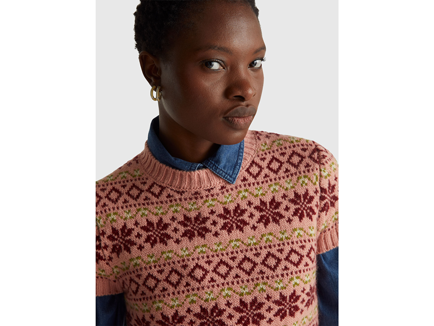 Benetton Kadın Gül Kurusu  Yün Alpaka Karışımlı Jakarlı Kısa Kollu Stranger Things Kazak