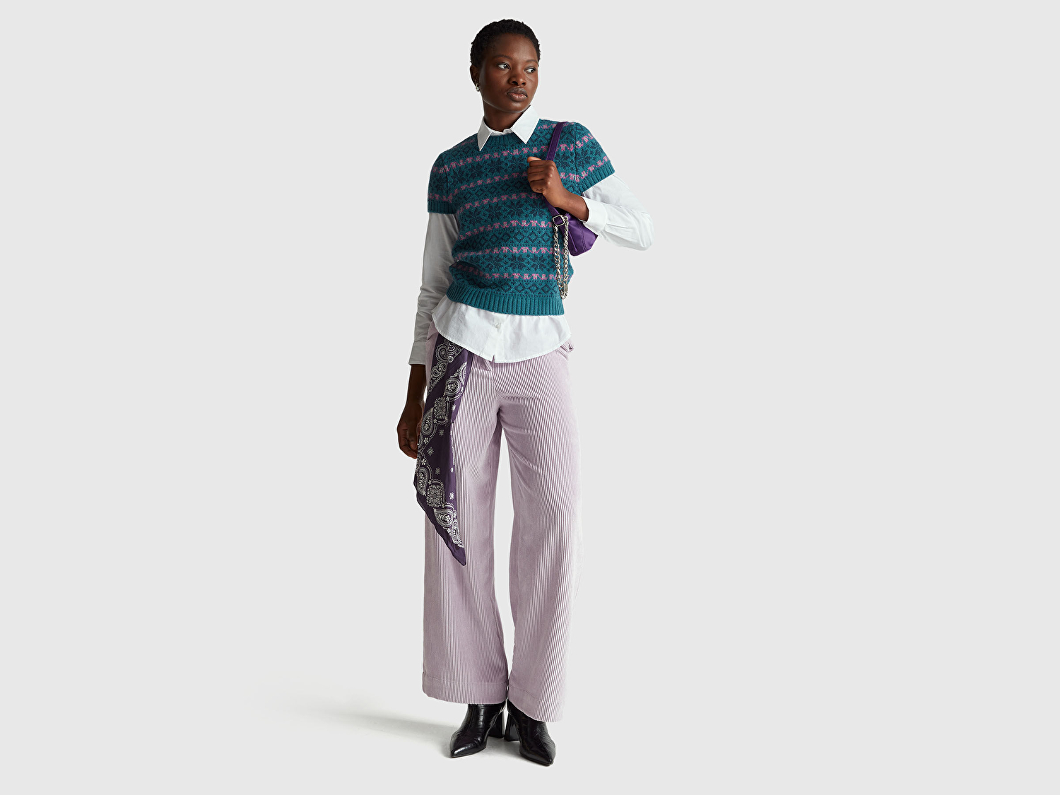 Benetton Kadın Yeşil  Yün Alpaka Karışımlı Jakarlı Kısa Kollu Stranger Things Kazak