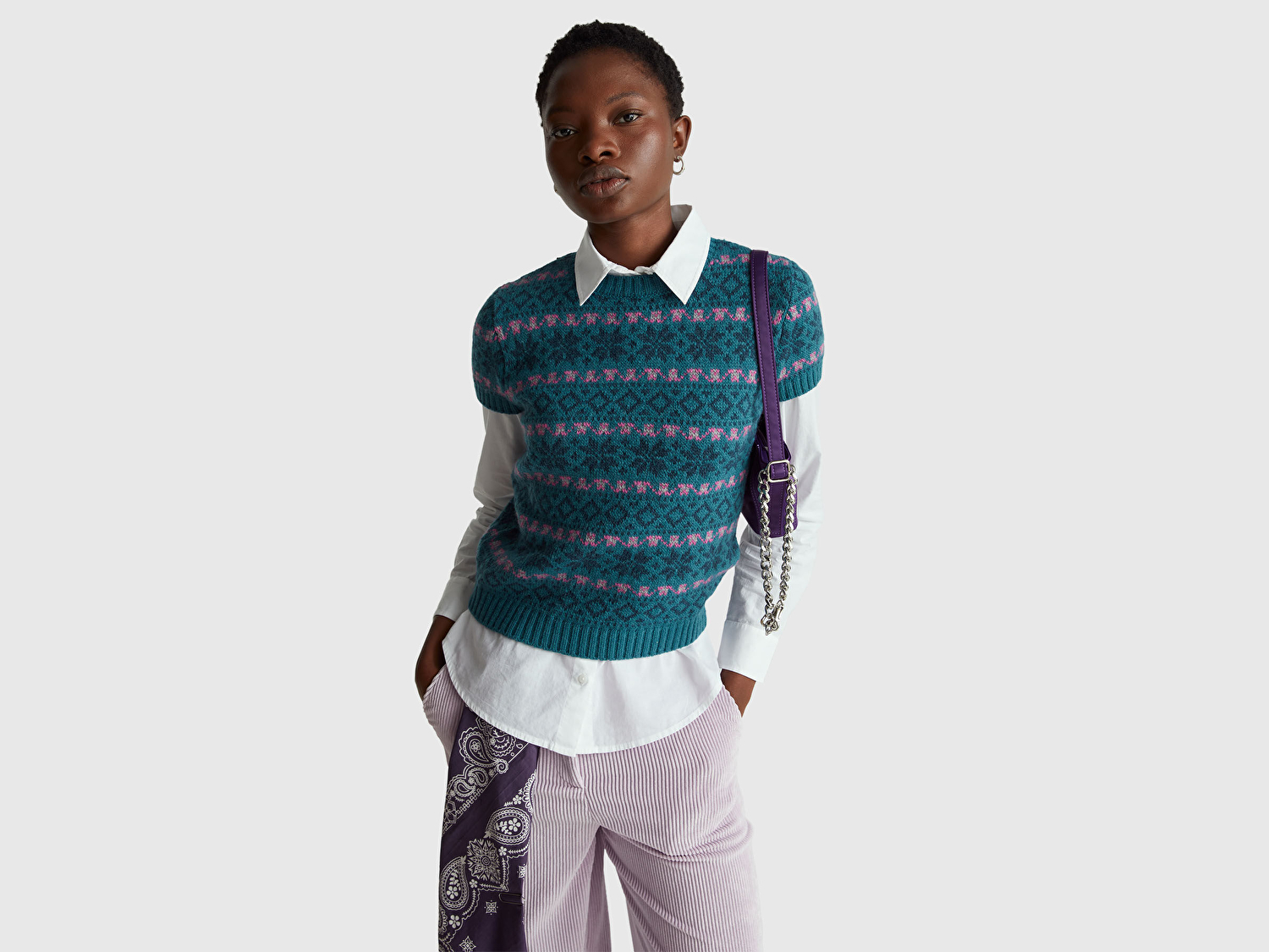 Benetton Kadın Yeşil  Yün Alpaka Karışımlı Jakarlı Kısa Kollu Stranger Things Kazak