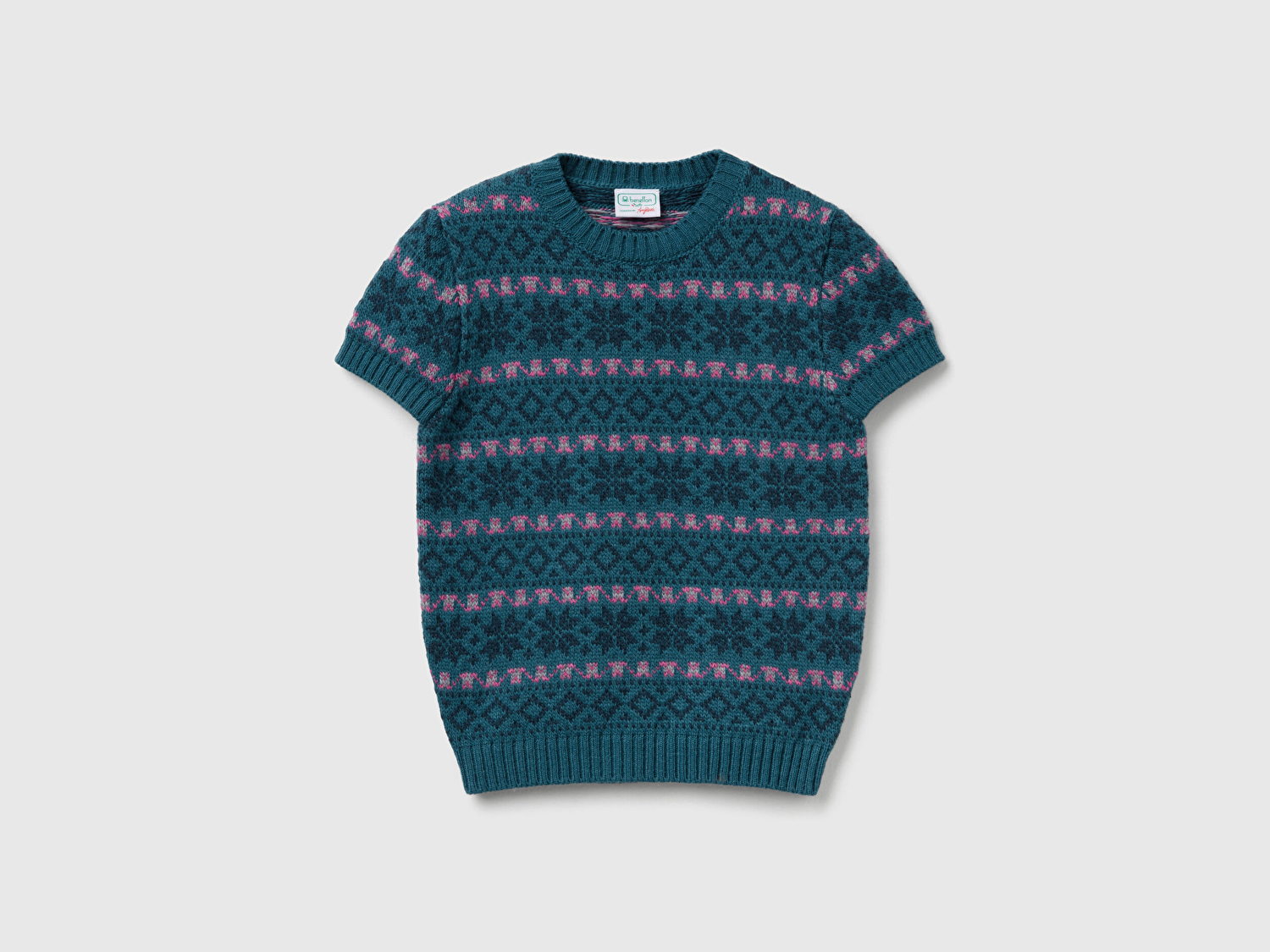 Benetton Kadın Yeşil  Yün Alpaka Karışımlı Jakarlı Kısa Kollu Stranger Things Kazak