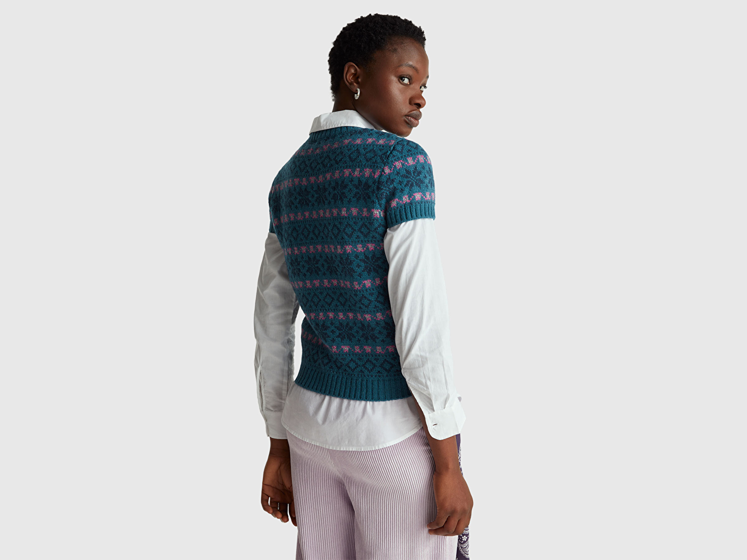 Benetton Kadın Yeşil  Yün Alpaka Karışımlı Jakarlı Kısa Kollu Stranger Things Kazak