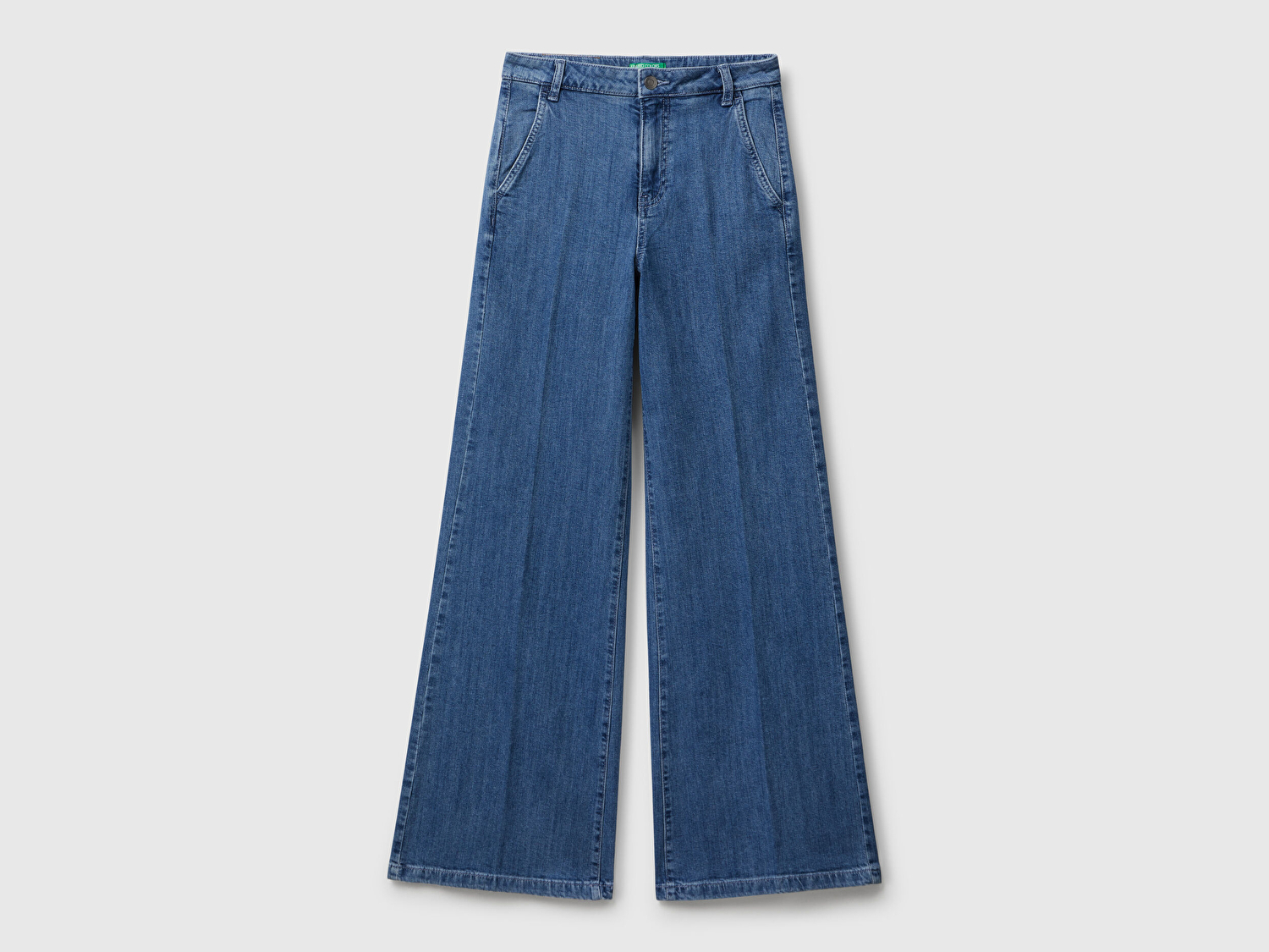 Benetton Kadın Açık Mavi Pamuk Karışımlı Cep Detaylı Geniş Paça Denim Pantolon