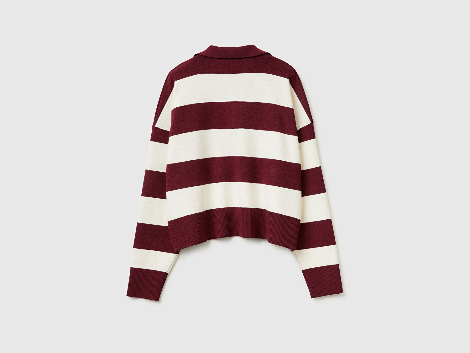 Benetton Kadın Bordo Viskoz Karışımlı Çizgili Boxy Fit Polo Yaka Kazak