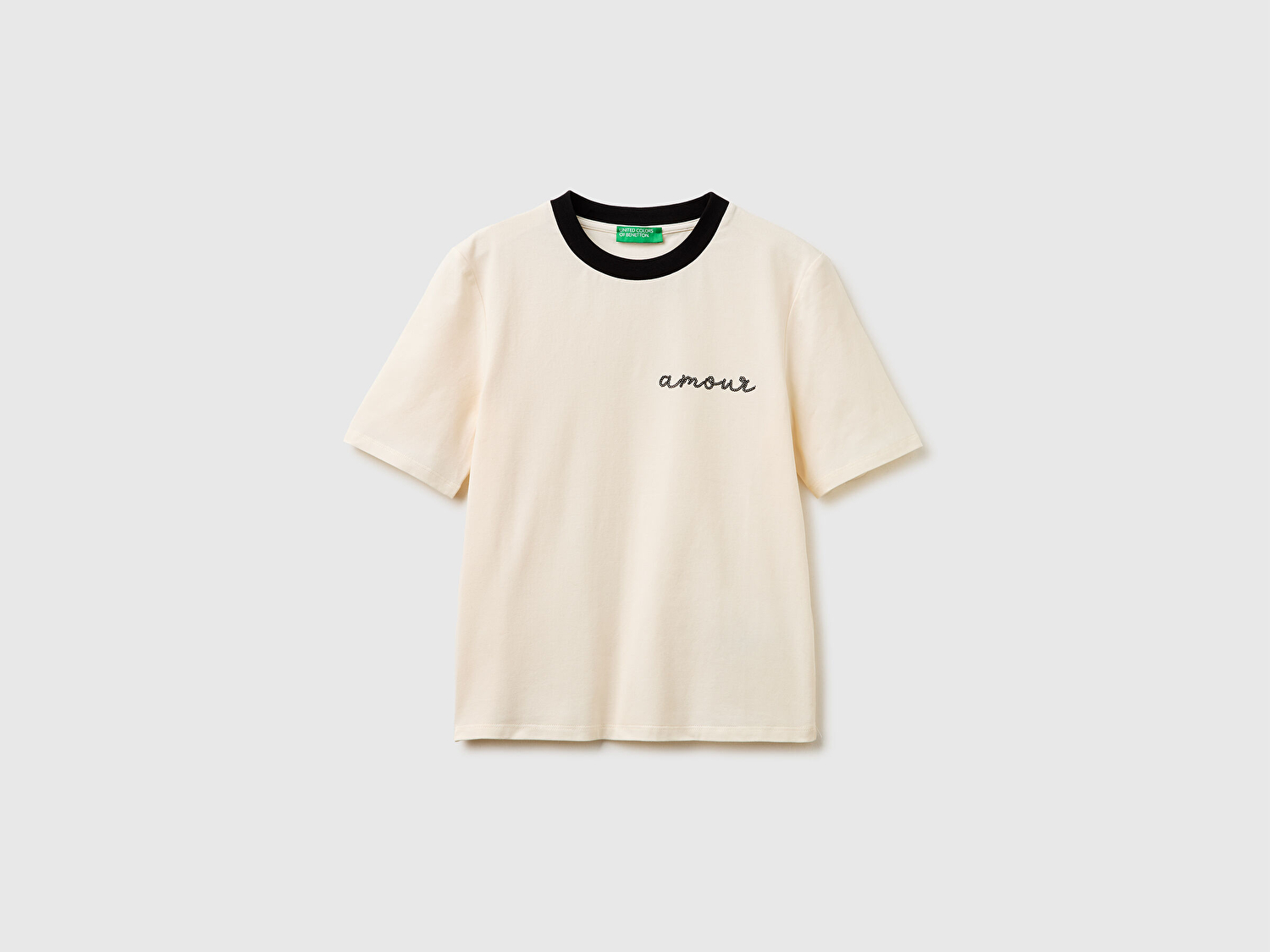 Benetton Kadın Krem Pamuk Karışımlı Payetli Nakışlı Bisiklet Yaka T-Shirt