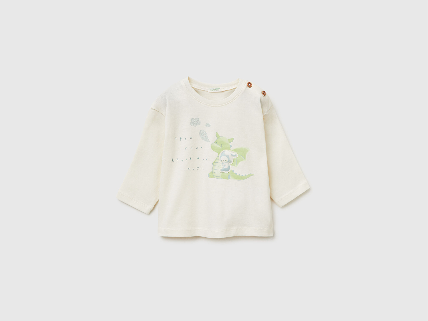 Benetton Bebek Krem Omzu Ahşap Düğme Detaylı İşlemeli Baskılı Uzun Kollu T-Shirt