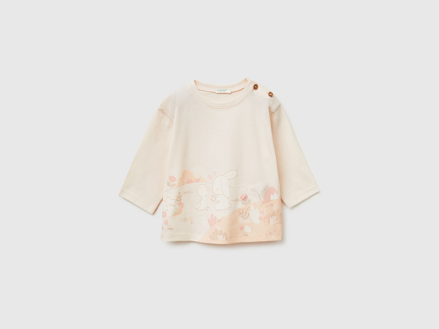 Benetton Bebek Krem Omzu Ahşap Düğmeli Su Baskılı Nakışlı Uzun Kollu T-Shirt