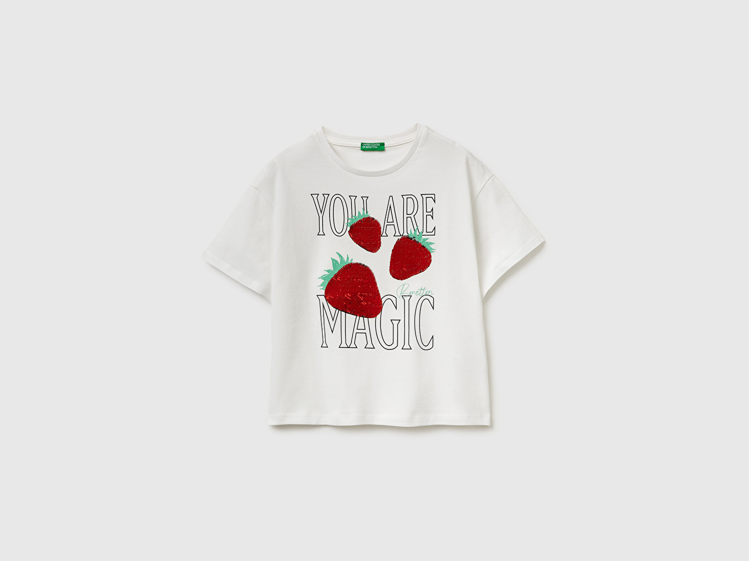 Benetton Kız Çocuk Beyaz Simli Grafik Baskılı Yuvarlak Yaka Oversize T-Shirt
