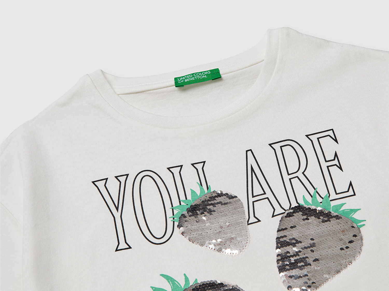 Benetton Kız Çocuk Beyaz Simli Grafik Baskılı Yuvarlak Yaka Oversize T-Shirt