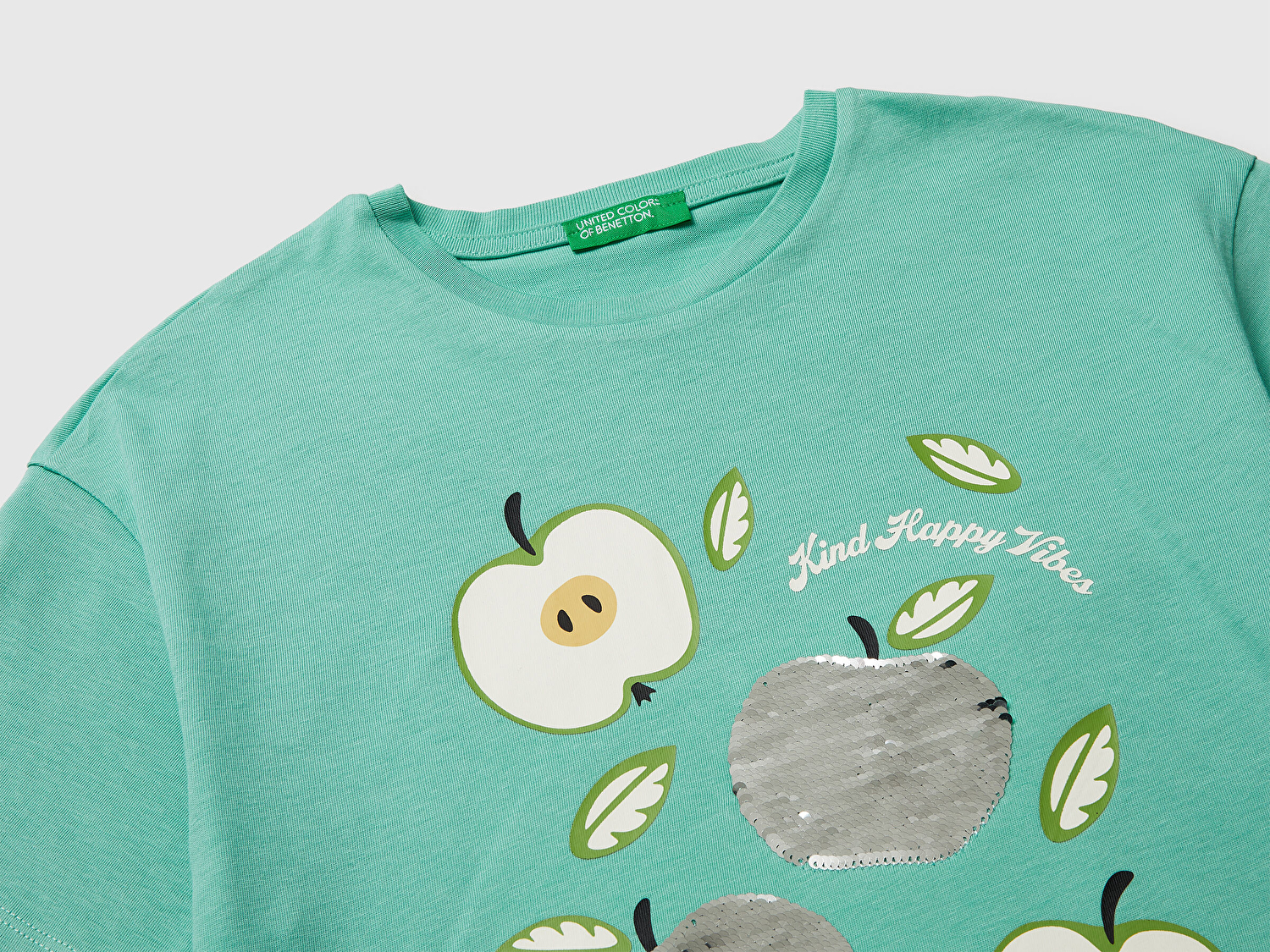 Benetton Kız Çocuk Mint Simli Grafik Baskılı Yuvarlak Yaka Oversize T-Shirt