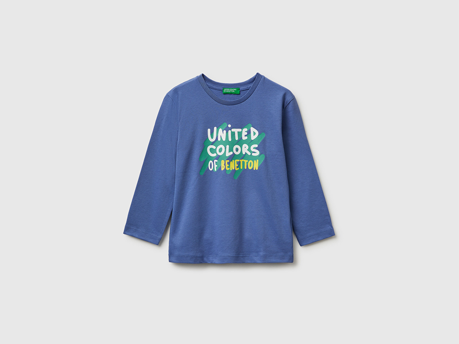 Benetton Erkek Bebek Havacı Mavi Önü Logo Baskılı Yuvarlak Yaka Uzun Kollu T-Shirt