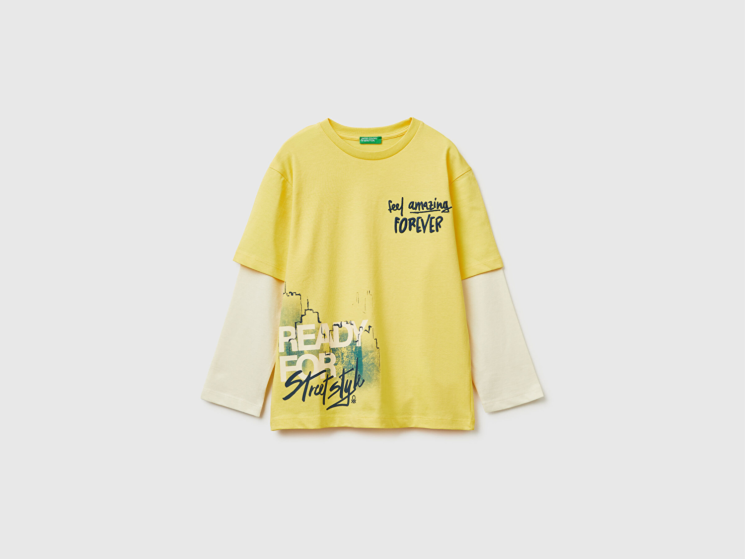 Benetton Erkek Çocuk Sarı Çift Kollu Baskılı Bisiklet Yaka T-Shirt