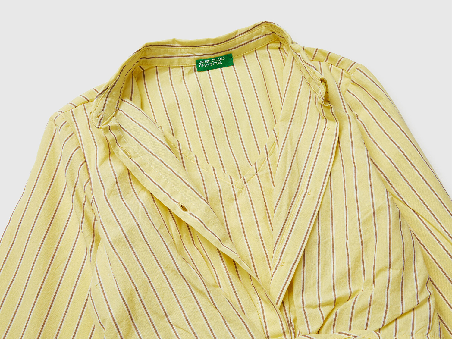 Benetton Kız Çocuk Sarı Beli Kuşaklı Çizgili Gömlek Yaka Elbise