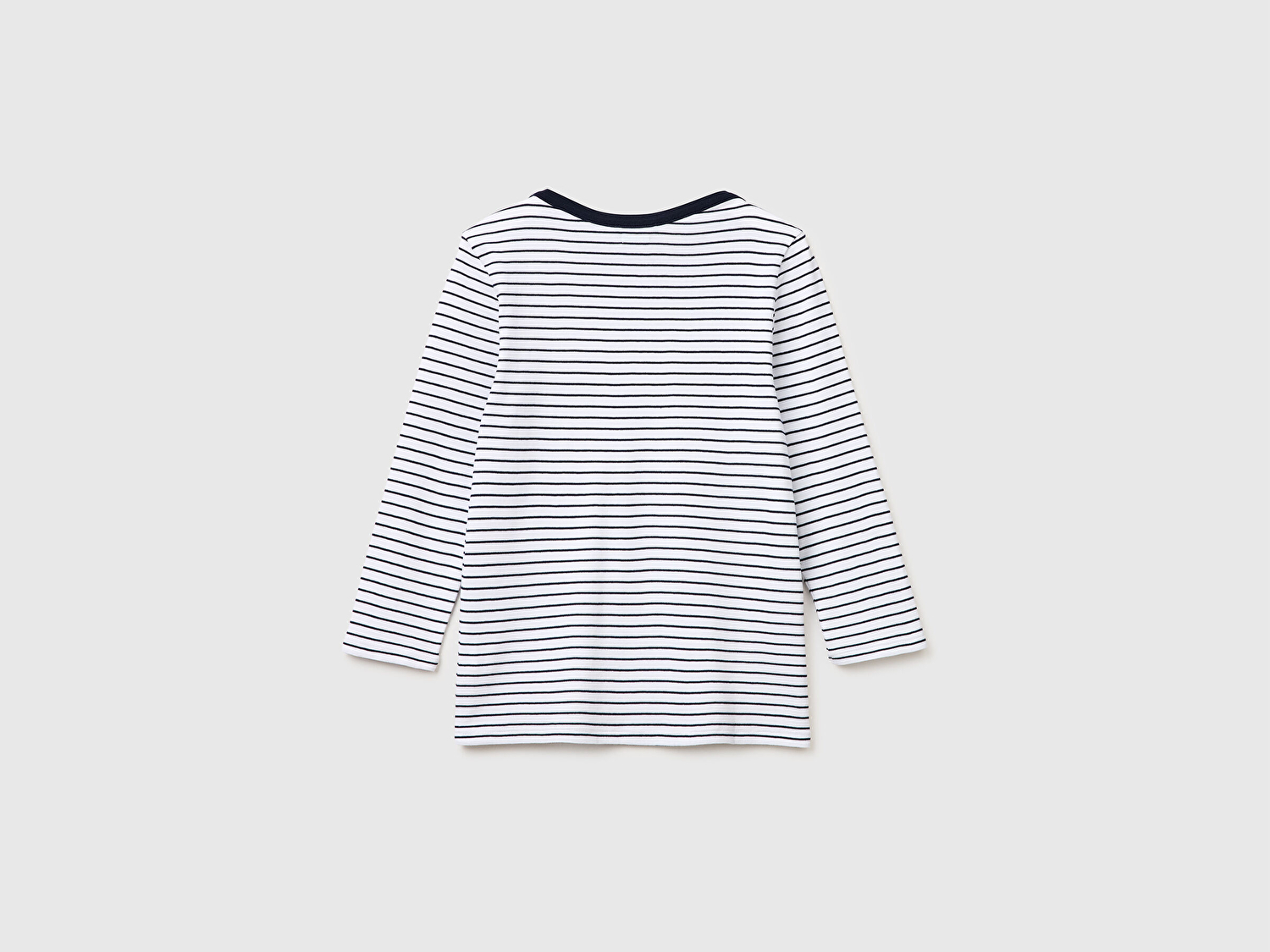 Benetton Kadın Mavi %100 Pamuk Çizgili Logolu Kayık Yaka Truvakar Kol T-Shirt