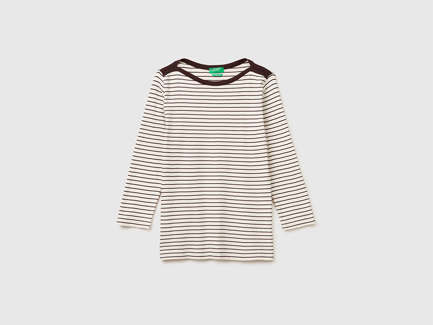 Benetton Kadın Bej %100 Pamuk Çizgili Logolu Kayık Yaka Truvakar Kol T-Shirt